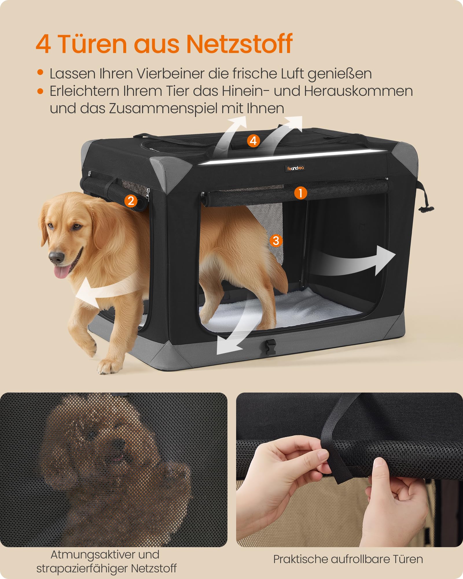 Feandrea Hundebox faltbar, Transportbox, Hundetasche, Oxford-Gewebe, mit 4 Türen aus Netzstoff, Griffen, Tasche, 91,4 cm, für große Hunde, tintenschwarz-Taubengrau PDC029BH01