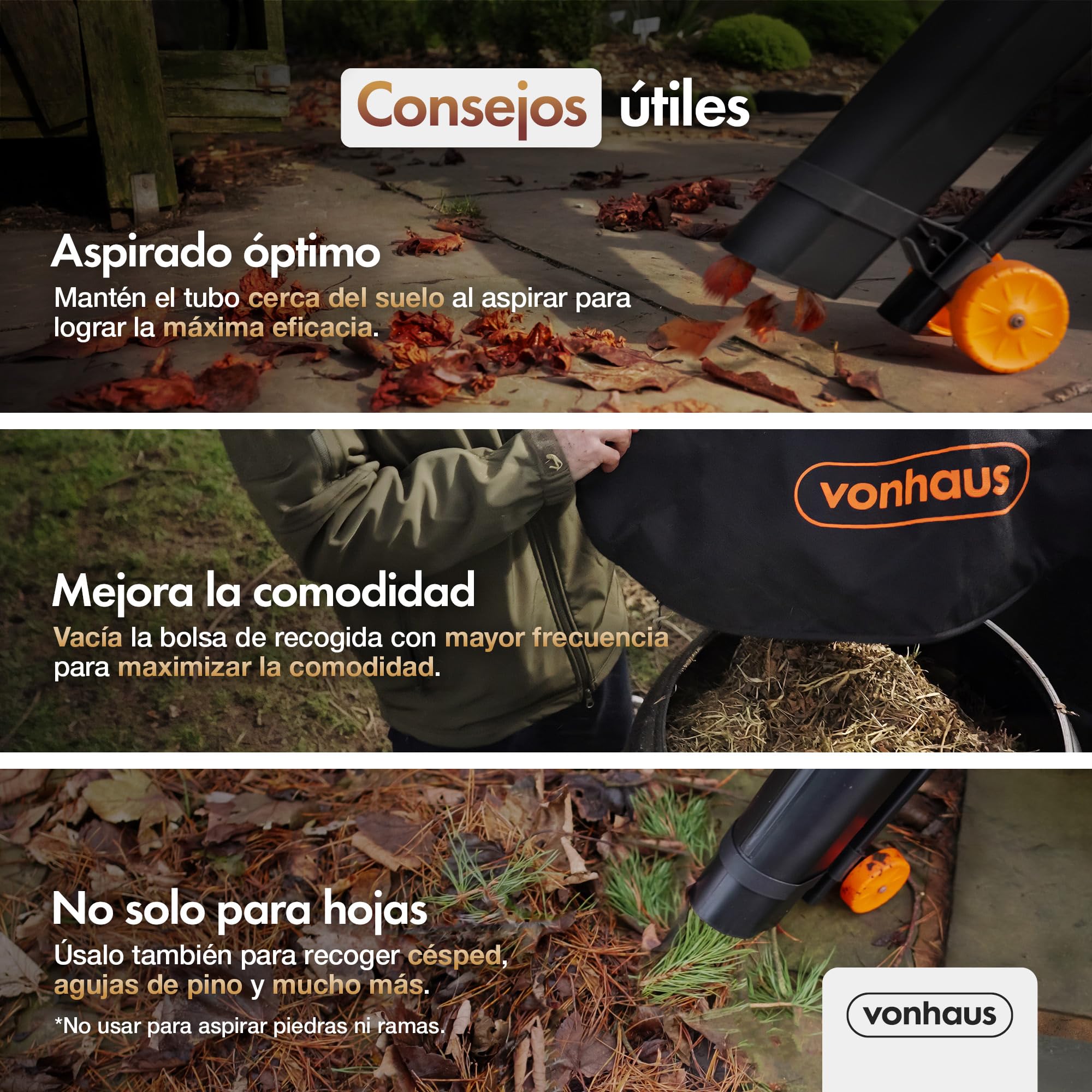 VonHaus Soplador Aspirador de Hojas Ligero de 3000W – Sopladora Aspiradora de Hojas de Jardín, Patio, Canalones, Caminos y Más, Correa de Hombro, Ruedas, Bolsa de Recogida de 35L 10:1 (Negro)