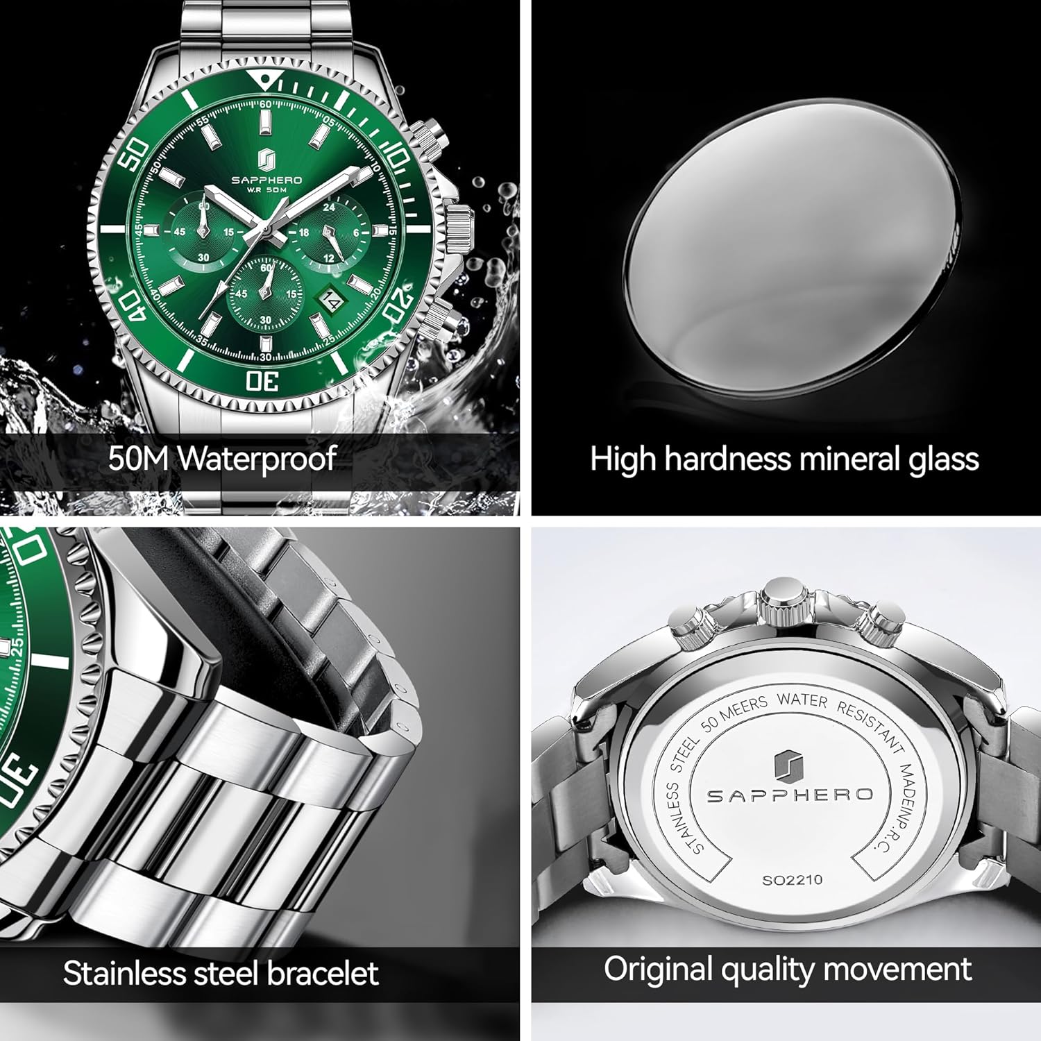SAPPHERO Mens Watches Analog Quartz Chronograph Stainless Steel Watches for Men 50M Waterproof Men's Wrist Watches with Calendar Luxury Business Work Casual Watch Elegant Gifts for Men