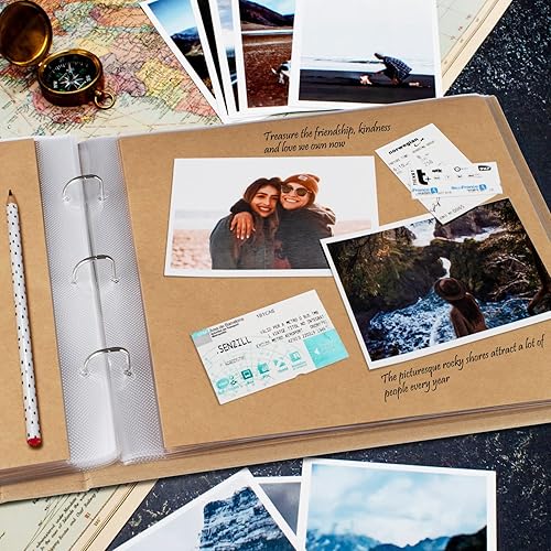 Miniatura 6 de Álbum de fotos de 10 x 10 pulgadas con 3 anillos para manualidades, con 30 fundas de plástico, 60 páginas y cubierta de papel kraft para bebés,