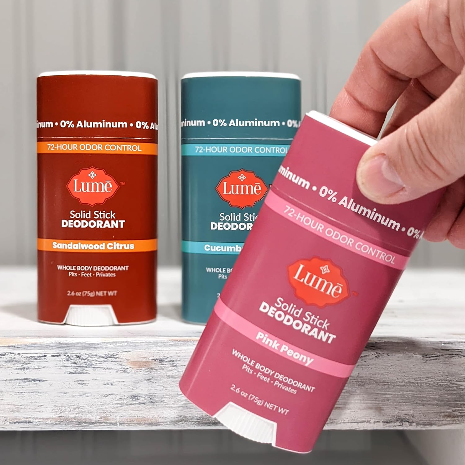 Lume Solid Deodorant Stick - Whole Body Deodorant - Aluminum-Free, Baking Soda-Free, Hypoallergenic, Safe For Sensitive Skin - 2.6 Ounce Solid Stick Three-Pack (Cucumber Melon, Pink Peony, Sandalwood Citrus)