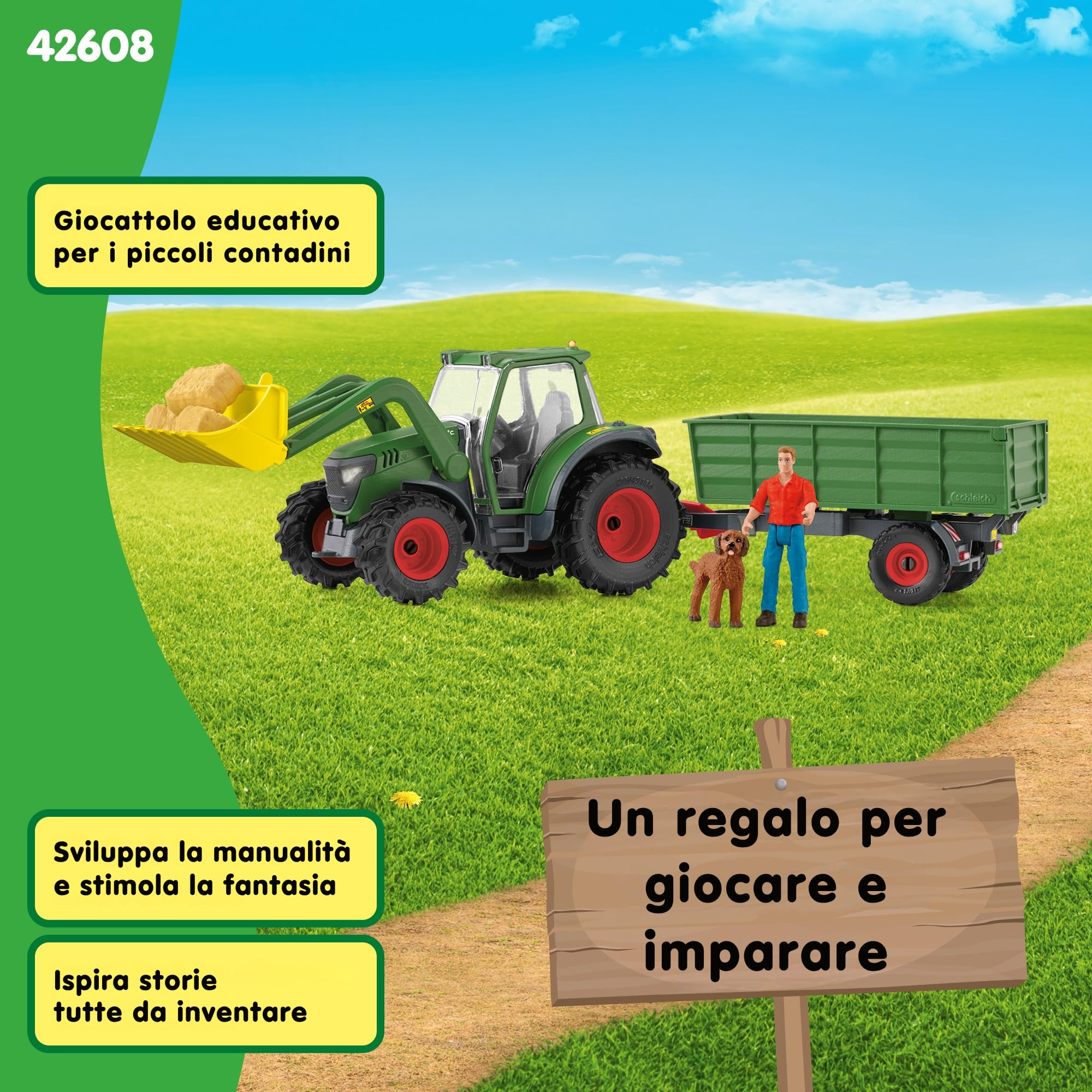 Schleich FARM WORLD | Trattore con rimorchio 42608 | 8 pezzi | Set da gioco dai 3 anni | set con personaggi, numerose funzioni e tanti accessori | figura animali della fattoria schleich