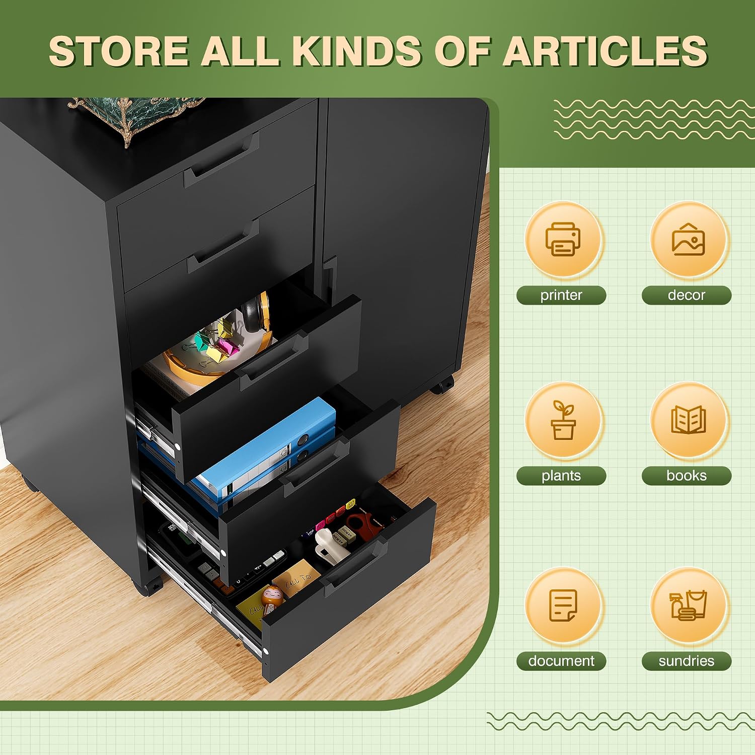 5 Drawer Metal Cabinet, Office Storage Cabinet w/Universal Wheels, Printer Stand with Storage Shelves, Rolling File Cabinets for Home Office(Black)