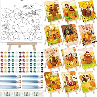 Tenceur 12 Sets Pre Drawn Canvas to Paint Kid Adult Stretched Coloring Painting Canvas Panels with Design Easel and Brushes for Party Supplies Beginner Favor(Thanksgiving)