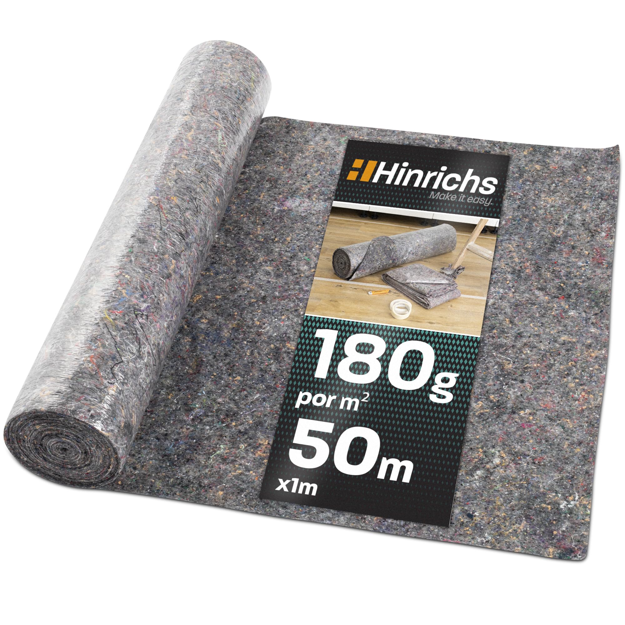 Hinrichs Moqueta Pintor 50 m 180g/m² - Manta Pintor Suelo - Manta Mudanza para Suelo con Capa Antideslizante de PE- Plastico Pintor para Pintores y Trabajos de Bricolaje en Casa