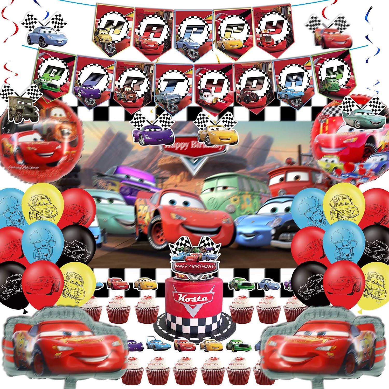 Cartoon Birthday Decorations - Banner Balloons Backdrop Tablecloth