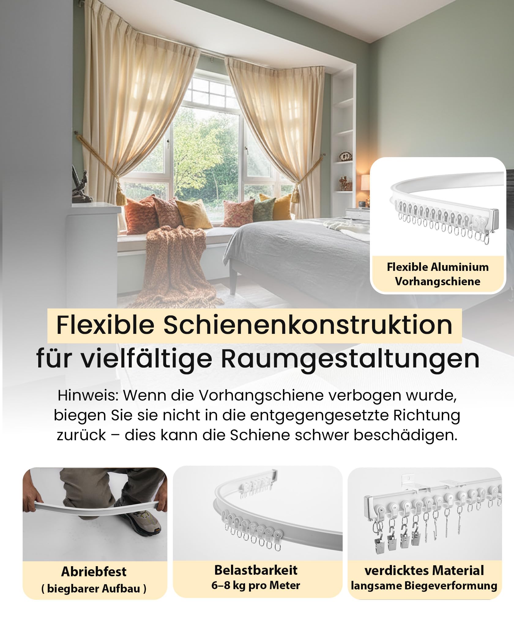 Flexible Vorhangschiene 3m, Biegbare Aluminium Gardinenschienee | Komplettem Zubehör,Wand- und Deckenmontage,Gebogene Schienen für Erker/Zimmer,Aluminium Gardinenschiene Set für Raumteiler
