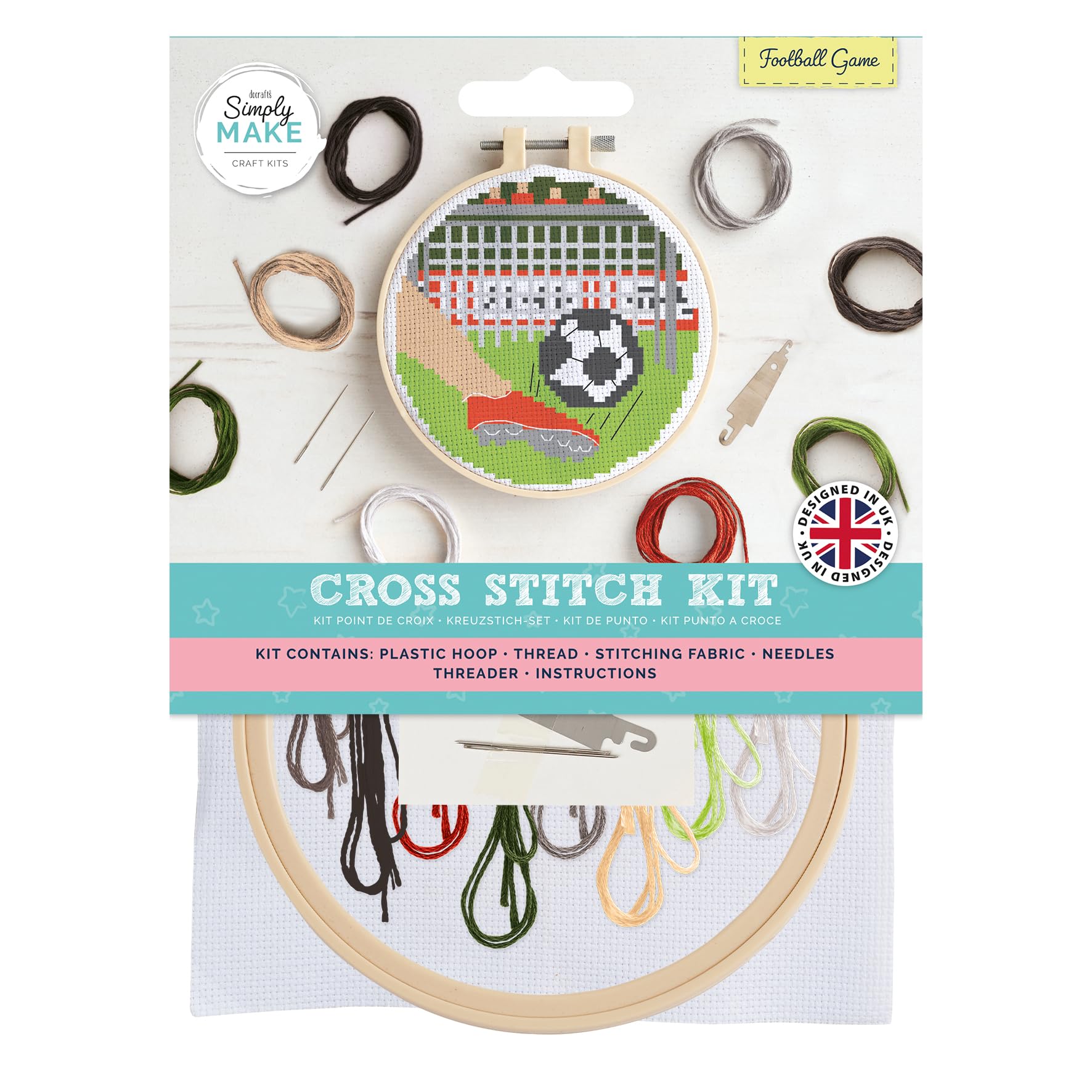 Simply MAKE Kit per punto croce, motivo partite di calcio, per bambini e adulti, cerchio, filo da ricamo, artigianato per adulti, kit per principianti