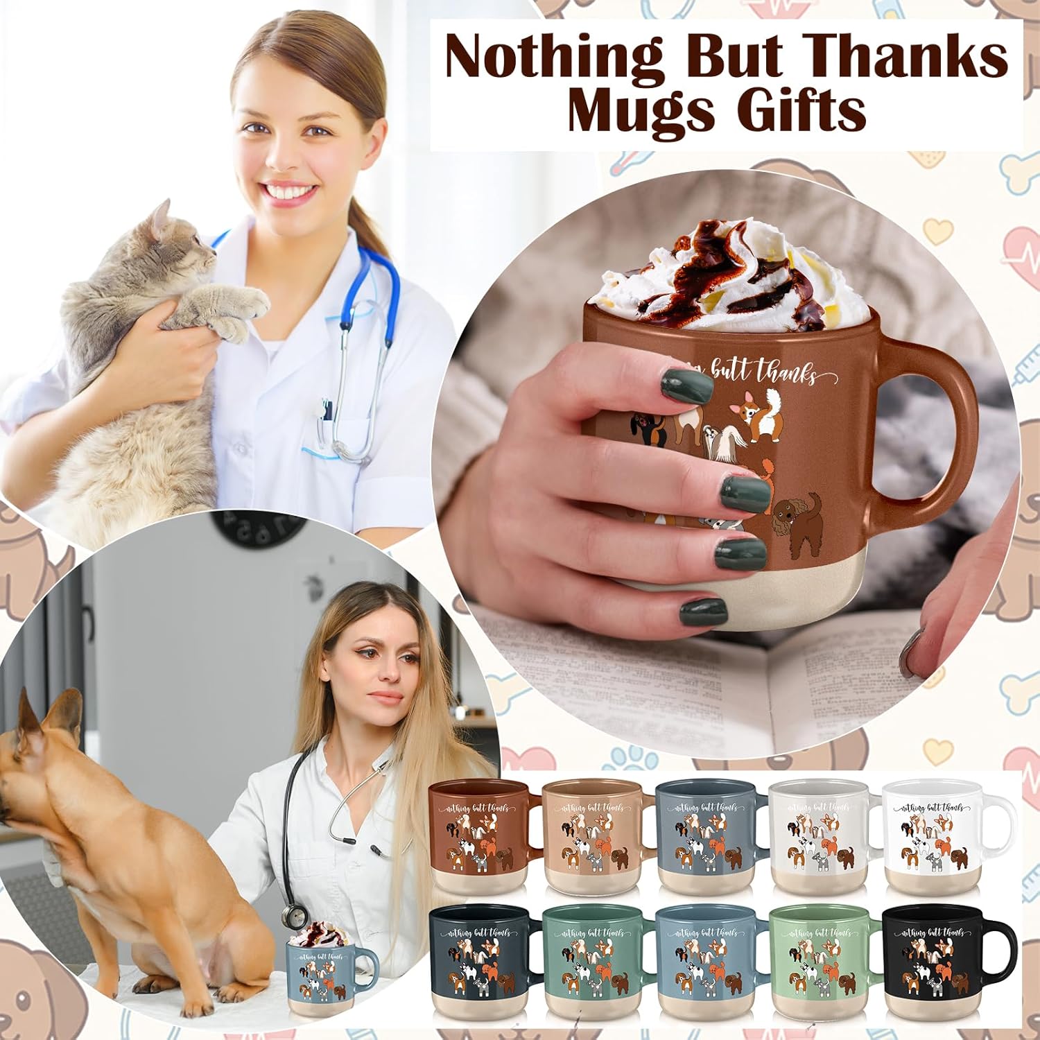 Meanplan 10 Pcs Veterinarian Gifts 13 oz Cute Dog Coffee Mugs Nothing But Thanks Veterinarian Gifts Bulk for Veterinary Medicine Assistant Nurse Students Pet Lover (Boho)