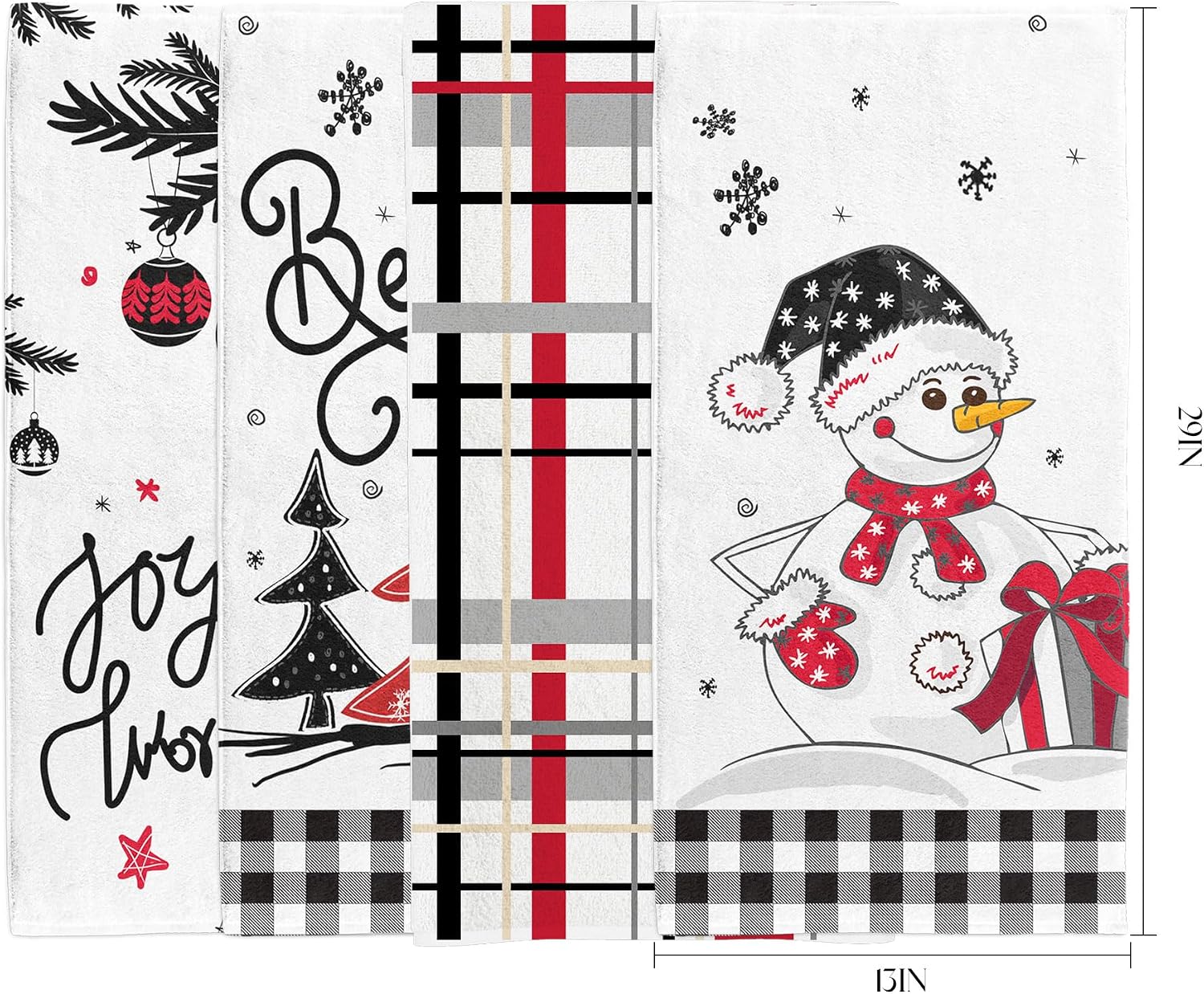 Christmas Woodland Winter Snowman Hand Towel 4pc Set for Bath/Kitchen & Gift, Red image 2