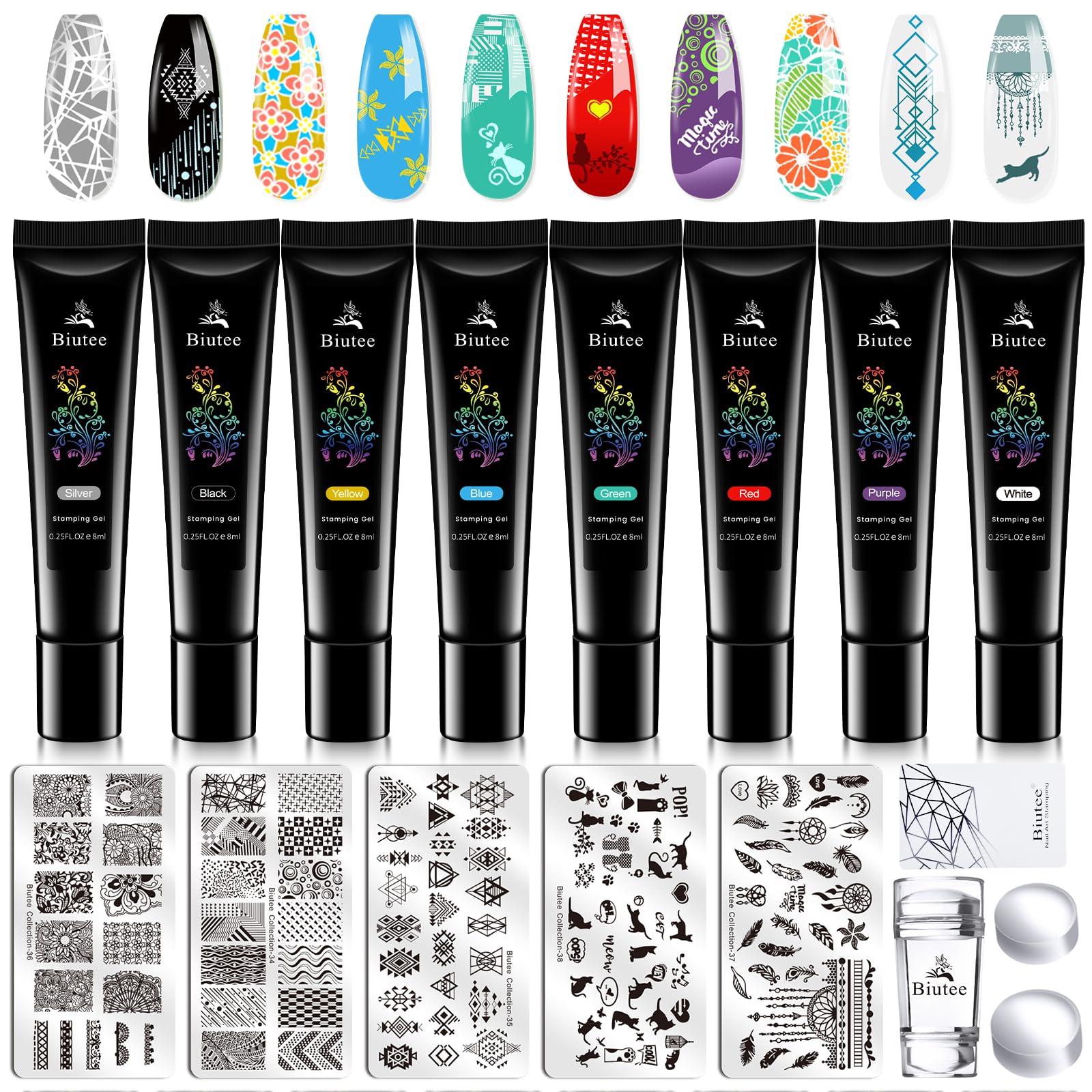 Biutee Stemple Nagellack Farbige 8ml, Stamping Plates Set 8 Fraben Stamping Gel Und 5 Eisenplatten, UV Farbgel Gel Nägel Farben, Zum Drucken von Designs auf Nägel