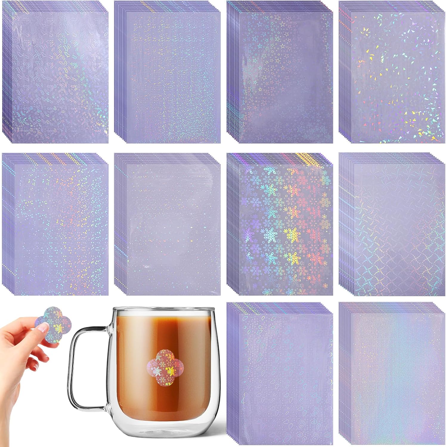 100 Sheets Holographic Sticker Paper, 11.8 X 8.3 Inch Clear Vinyl Lamination Stickers Self-Adhesive Waterproof Glitter Laminate Sheets Transparent Glitter Sticker -10 Styles
