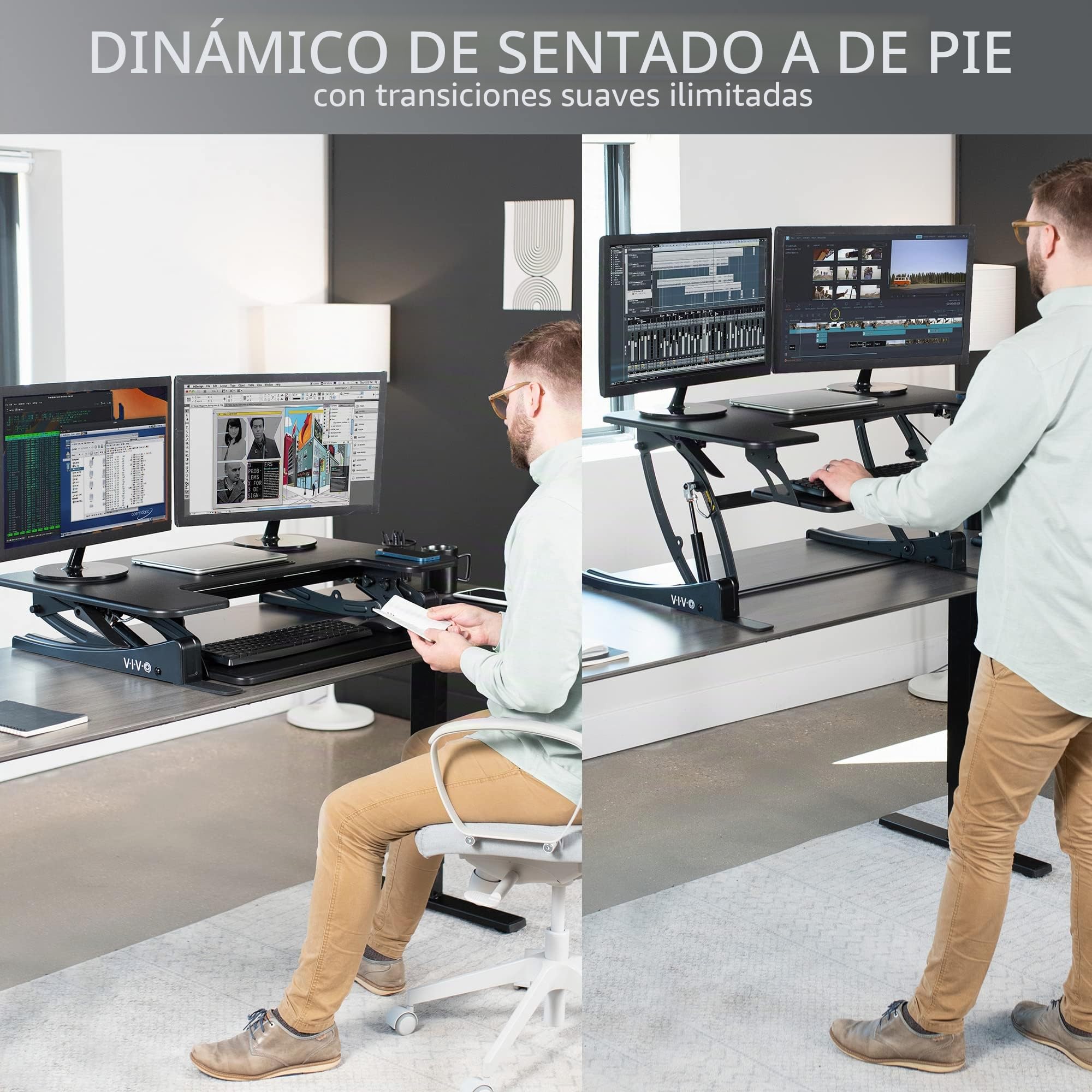 Vivo Convertidor de Escritorio de Altura Ajustable 91 cm, Elevador de Monitor Dual con Bandeja de Teclado, Negro