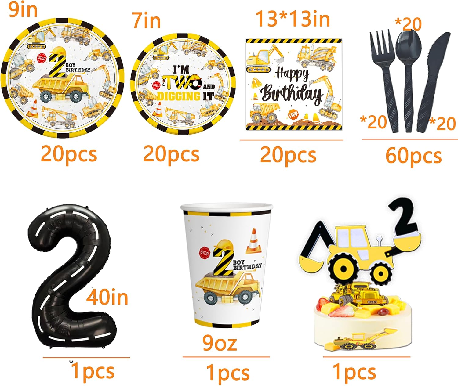 Construction 2nd Birthday Party Supplies ,Dump Truck 2nd Birthday Party Decorations Tableware Includes Box Cutout Sash Plates, Cup, Napkin, Balloon, Backdrop, Tablecloth, Banner, Construction 2nd - Image 9