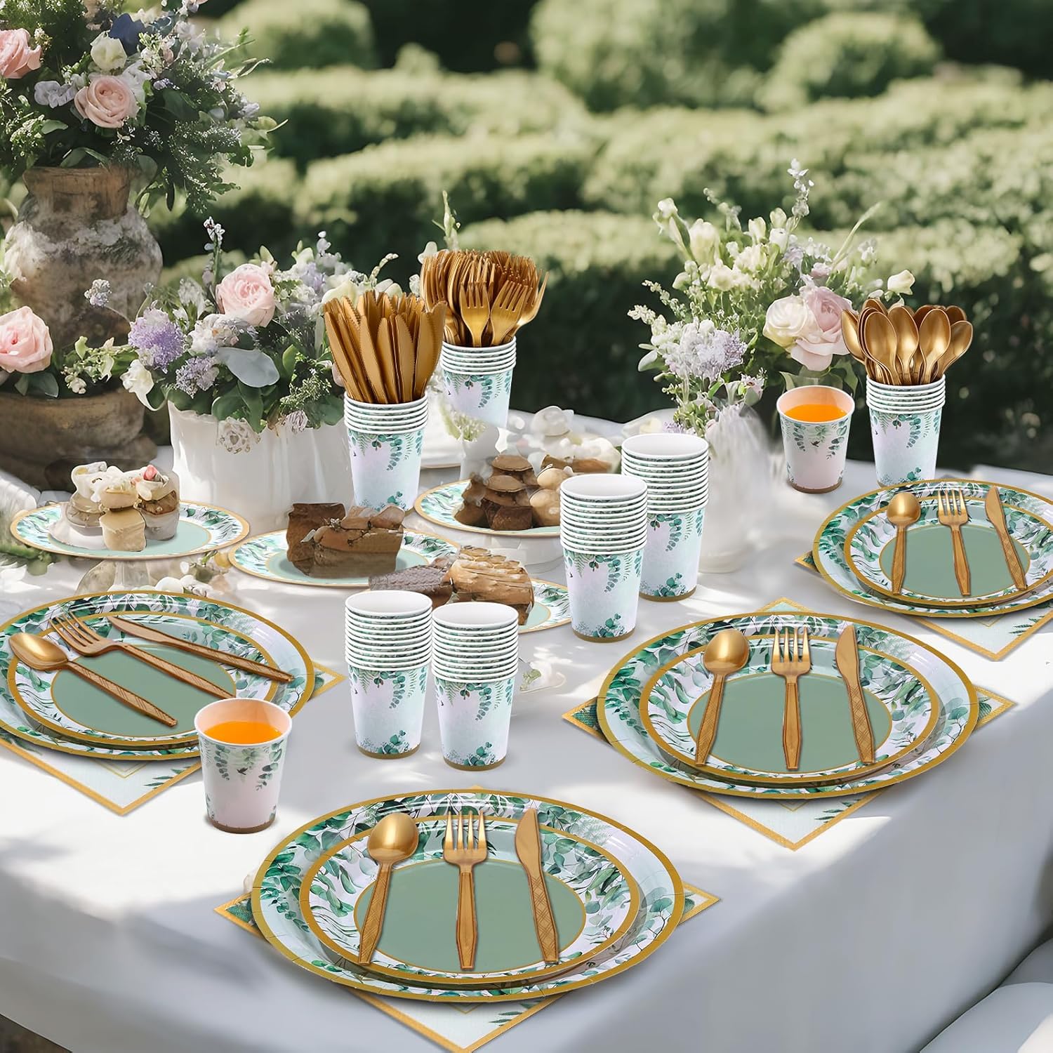 350 Pcs Tea Party Supplies Spring Summer Sage Green Tableware Set Disposable Plates Napkins Paper Cups Plastic Cutlery Set for Birthday Bridal Baby Shower Serves 50