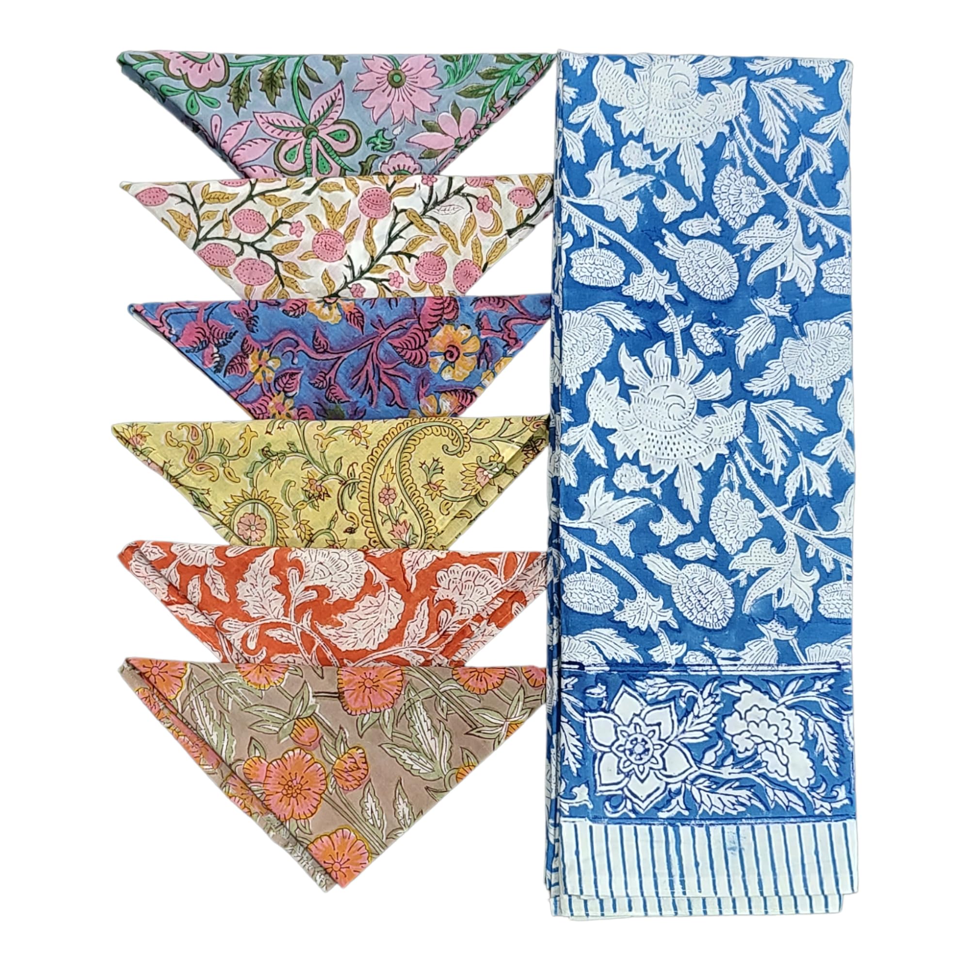 Mango Gifts Indian Tablecloth Hand Block Print Cover 100% Cotton Floral Blue Color with 6 Napkins