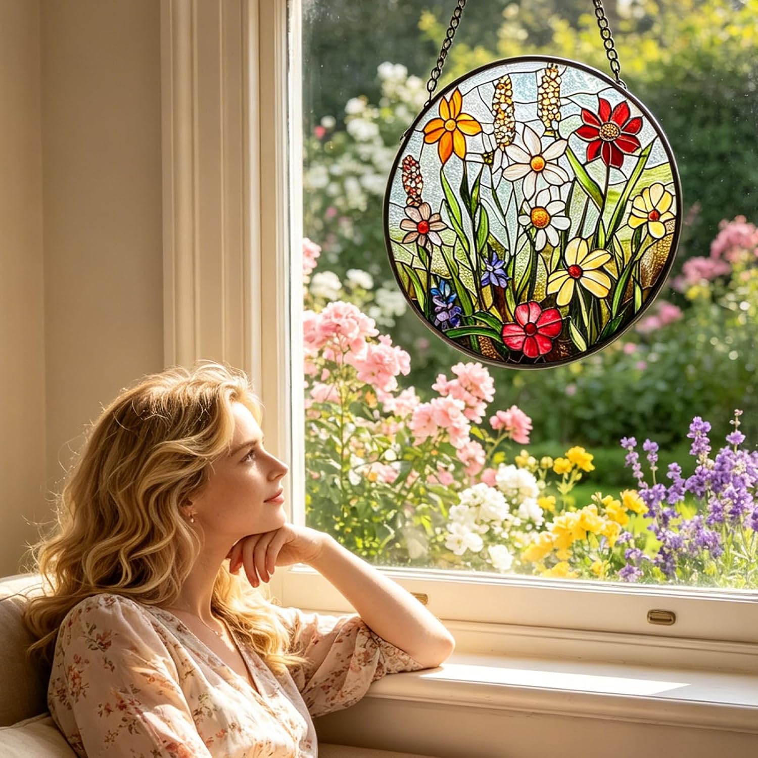 Stained Glass Window Hanging - Wildflower Stained Glass Scenery Sun Catchers for Window Home Decor, Diamond Glass Panel Hangings Suncatcher Decor for Birthday for Women, Men, Wife and Mom 6.3 in