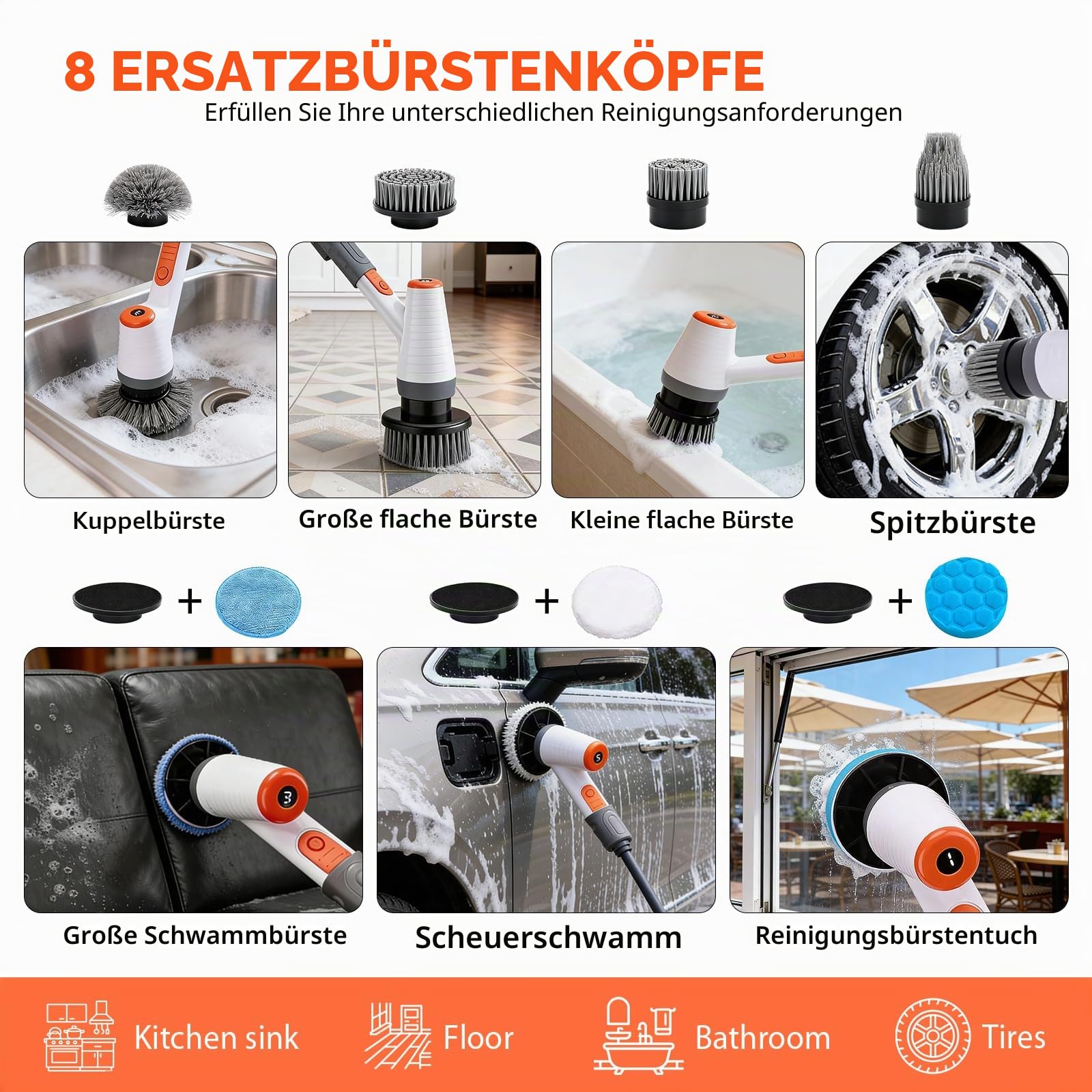 Elektrische Reinigungsbürste, 8-in-1 Elektrische Aquarium Scheibenreiniger | Electric Cleaning Brush IPX9 Wasserdicht, Electric Spin Scrubber mit Teleskopstange 18-100cm für Aquarium Bade Küche