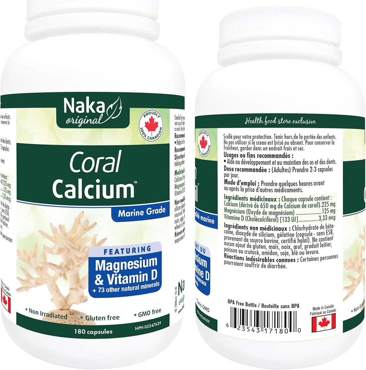 NAKA Naka Original Coral Calcium, Marine Grade, Featuring Magnesium & Vitamin D + 73 other natural minerals, Made in Canada (180 capsules)