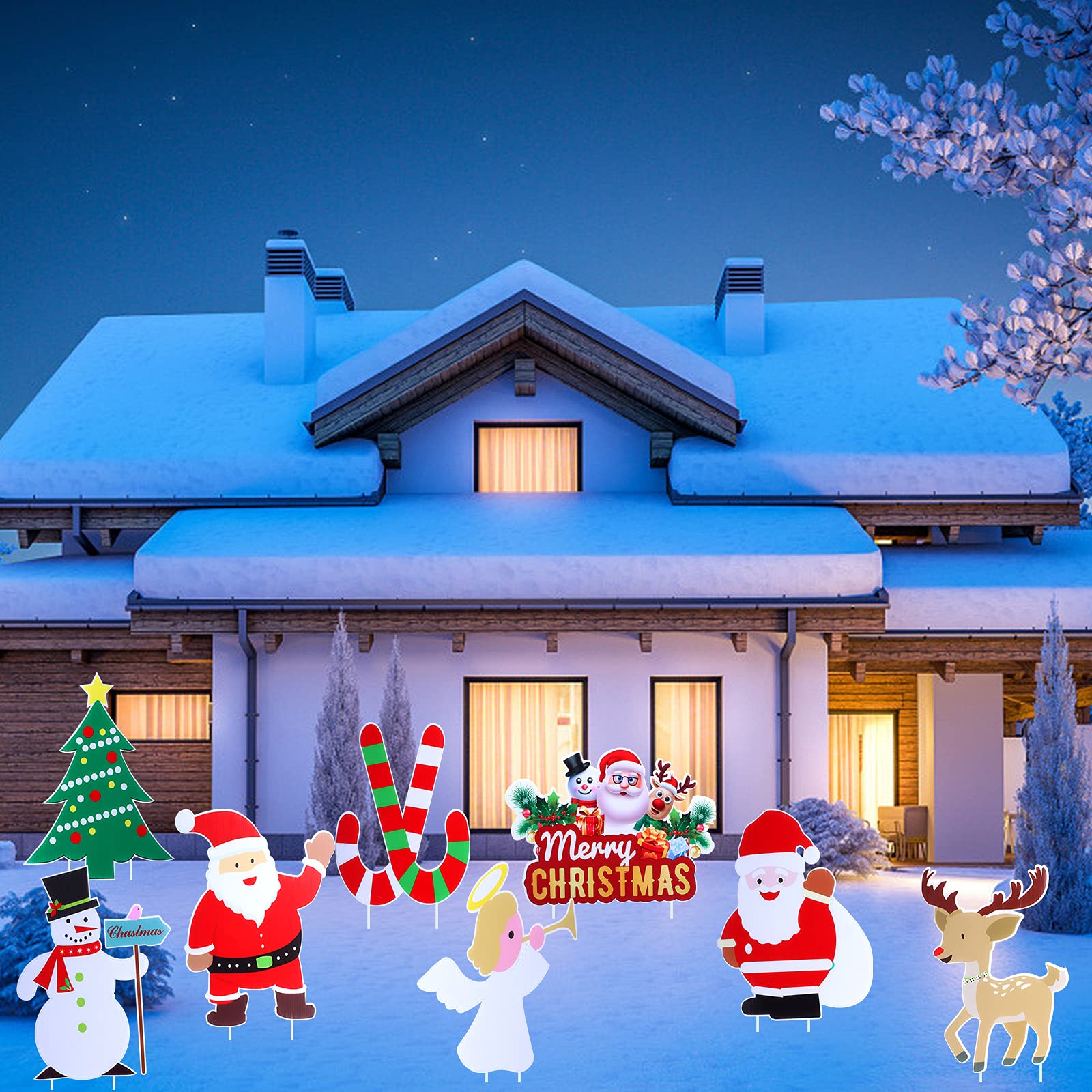 JUOIFIP 8 Pack Christmas Yard Sign with Stakes, Outdoor Lawn Christmas Decorations Patio Decor Joy Gnomes Santa Holiday Party Large Xmas Yard Signs