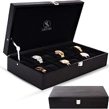Genuine Leather Watch Cases for Men 12 Slot Wrist Watch Box | Full Grained Leather Organizer Mens Large Watch Case | Black Leather Watch Box for Men | Real Leather Box With Lid for Closet Organization