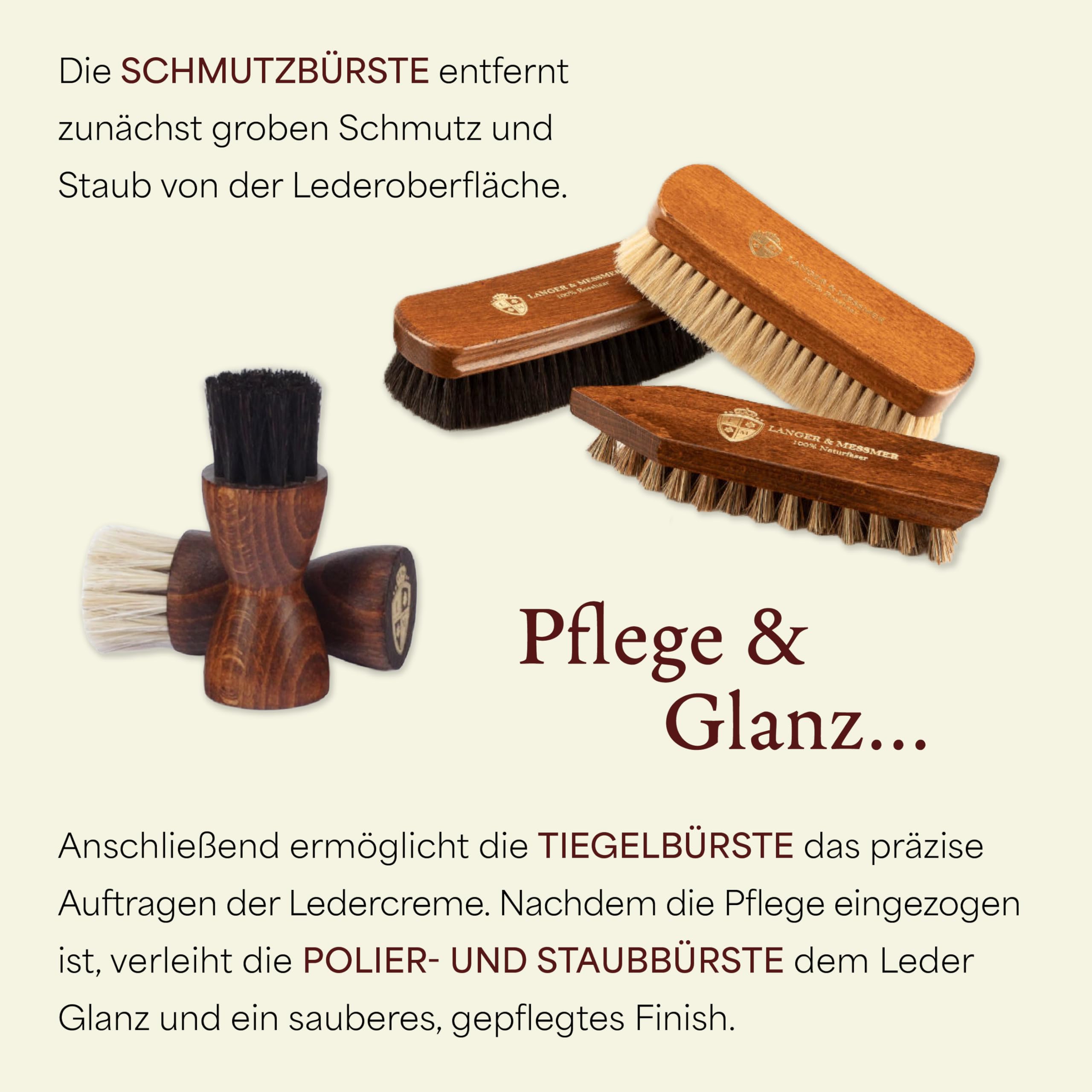 Langer & Messmer Schuhpflegeset inkl. hochwertigen Lederpflegecremes und Rosshaarbürsten zur effektiven Pflege Ihrer Glattlederschuhe - Das Schuhputzset für die professionelle Schuhpflege