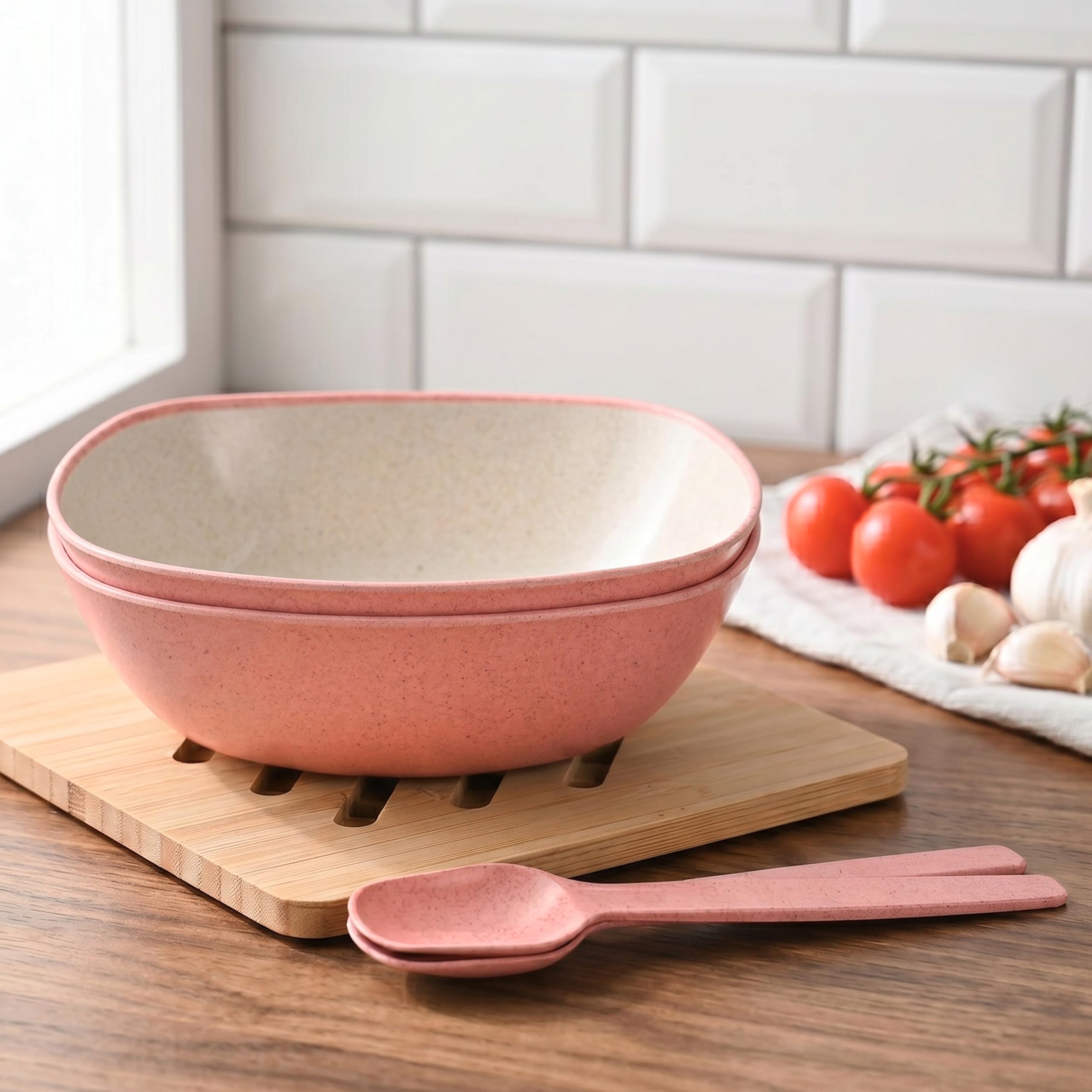 Eha Set of 2 Earth-Friendly Multipurpose Bowls for Kitchen with Spoons | 750 ml | Made with Rice Husk Biocomposite| Microwave Safe Bowl | for Hot & Cold Serving Bowl Set | Innocent