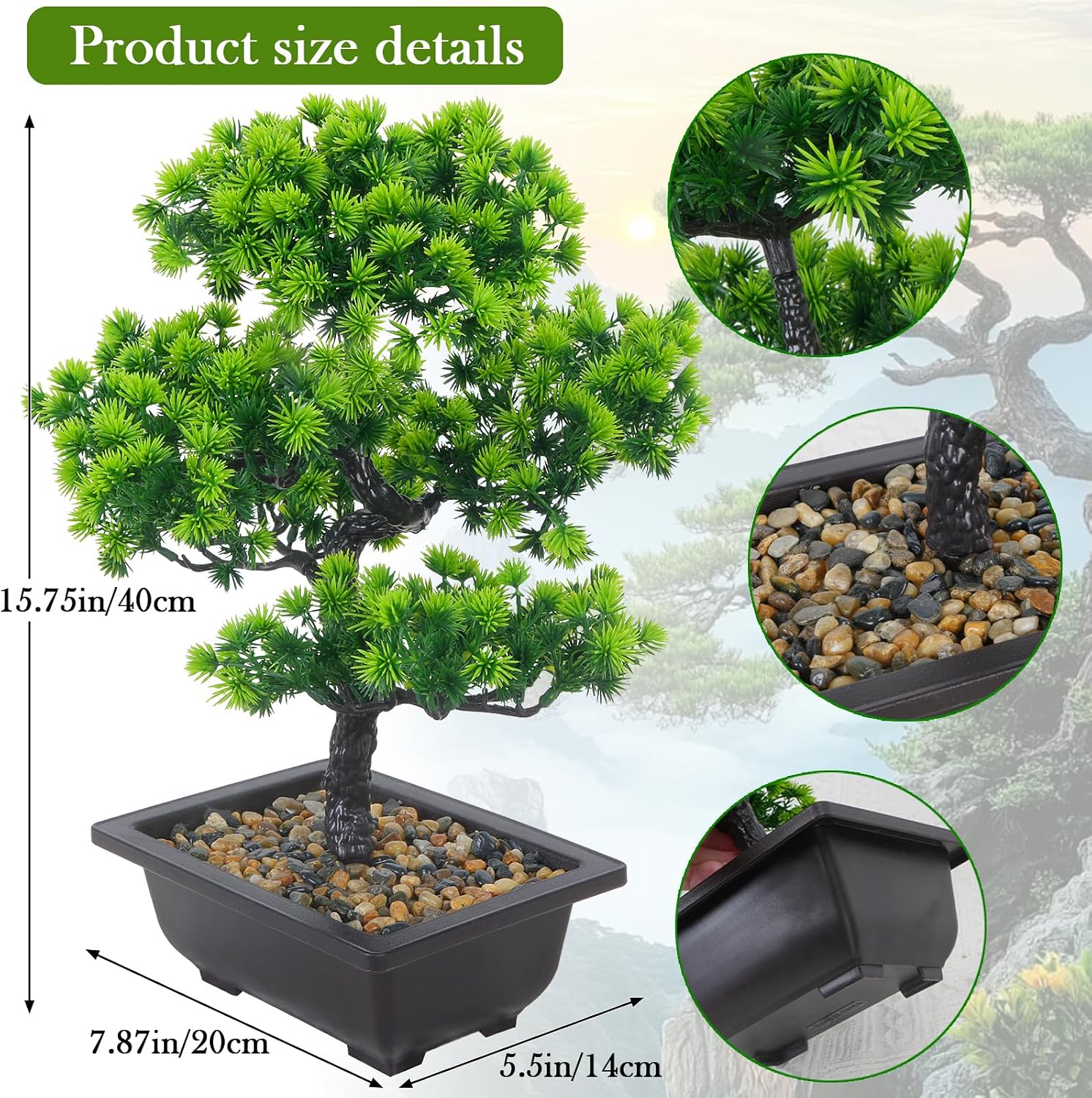 15.8" Artificial Bonsai Tree in Pot Mini Desk Plant Indoor Decor | Realistic Juniper Bonsai Design with Natural Foliage, Ideal for Japanese Decor, Office, Bookshelf, Bedroom, Tabletop Spaces
