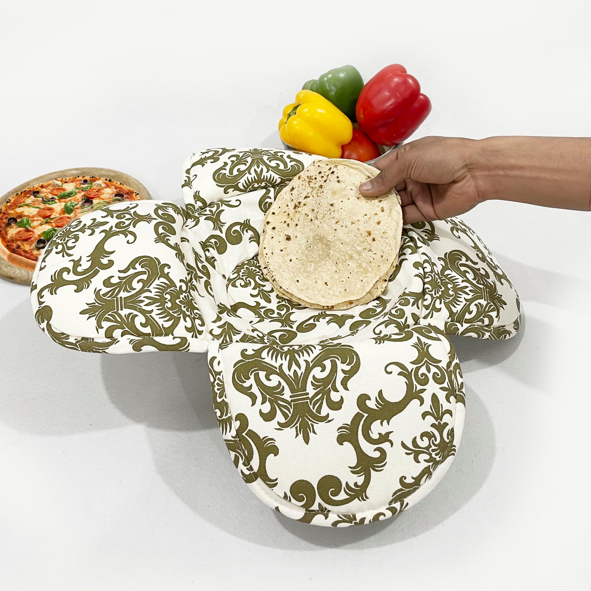 Swayam 100% Cotton Motif Design Printed Olive and White Colour Bread/Roti Basket | Size: 22 cms Diameter with Removable Cover | Pack of 1