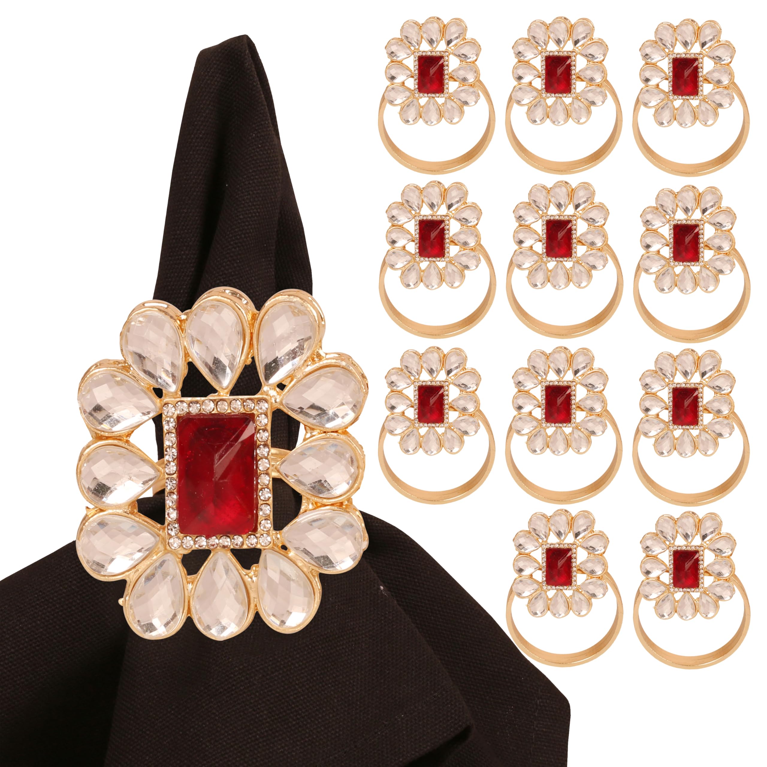 Lot de 12 magnifiques ronds de serviette faits à la main - Motif floral - Strass de couleur dorée - Pour fête, table à manger