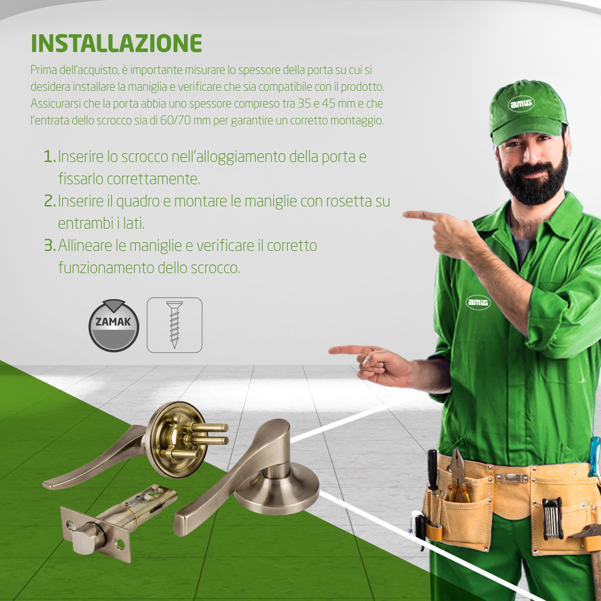 Amig - Maniglia di Passaggio con Scrocco - Scrocco da 60/70 mm - per Porte in Legno da 35 a 45 mm - Maniglia con Rosetta - Regolabile e Reversibile - Pelle - Zamak - Mod. 711