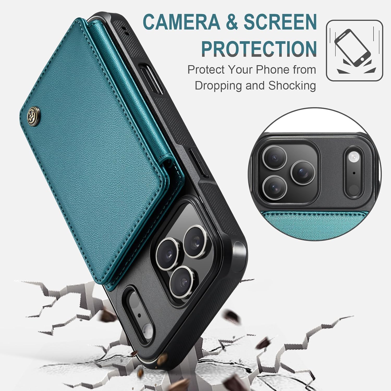 Vinich for iPhone 17 Pro Wallet Case with Card Holder, RFID Blocking Credit Slots Kickstand Shockproof Phone Cover Fit for iPhone 17 Pro 6.3" Bluish Green - Image 7