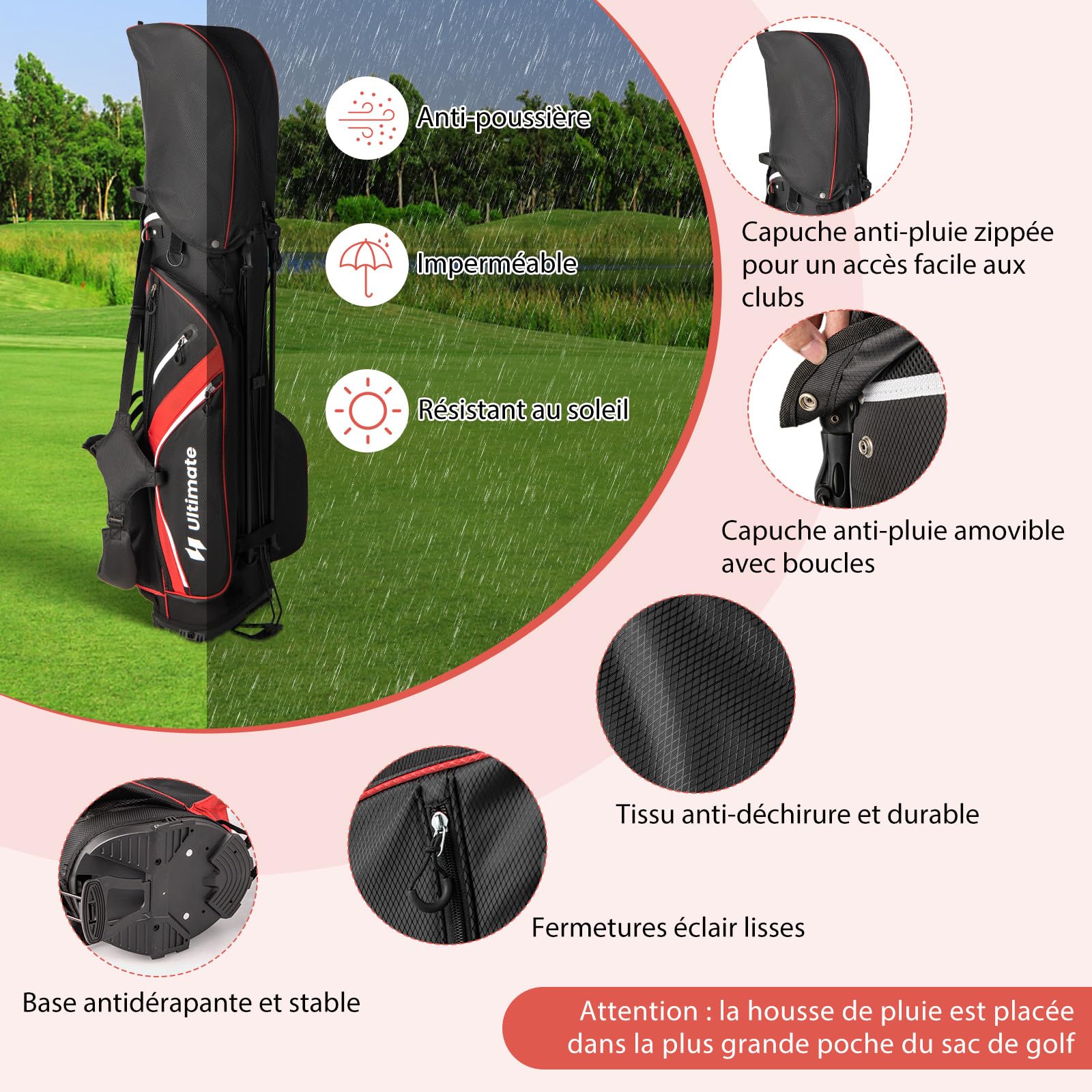 GYMAX Sac de Golf Trépieds avec 14 Séparateurs et 6 Poches de Rangement, pour Boisson, Objets de Valeur, Vêtements, avec Sangle Double, Capuche Anti-Pluie