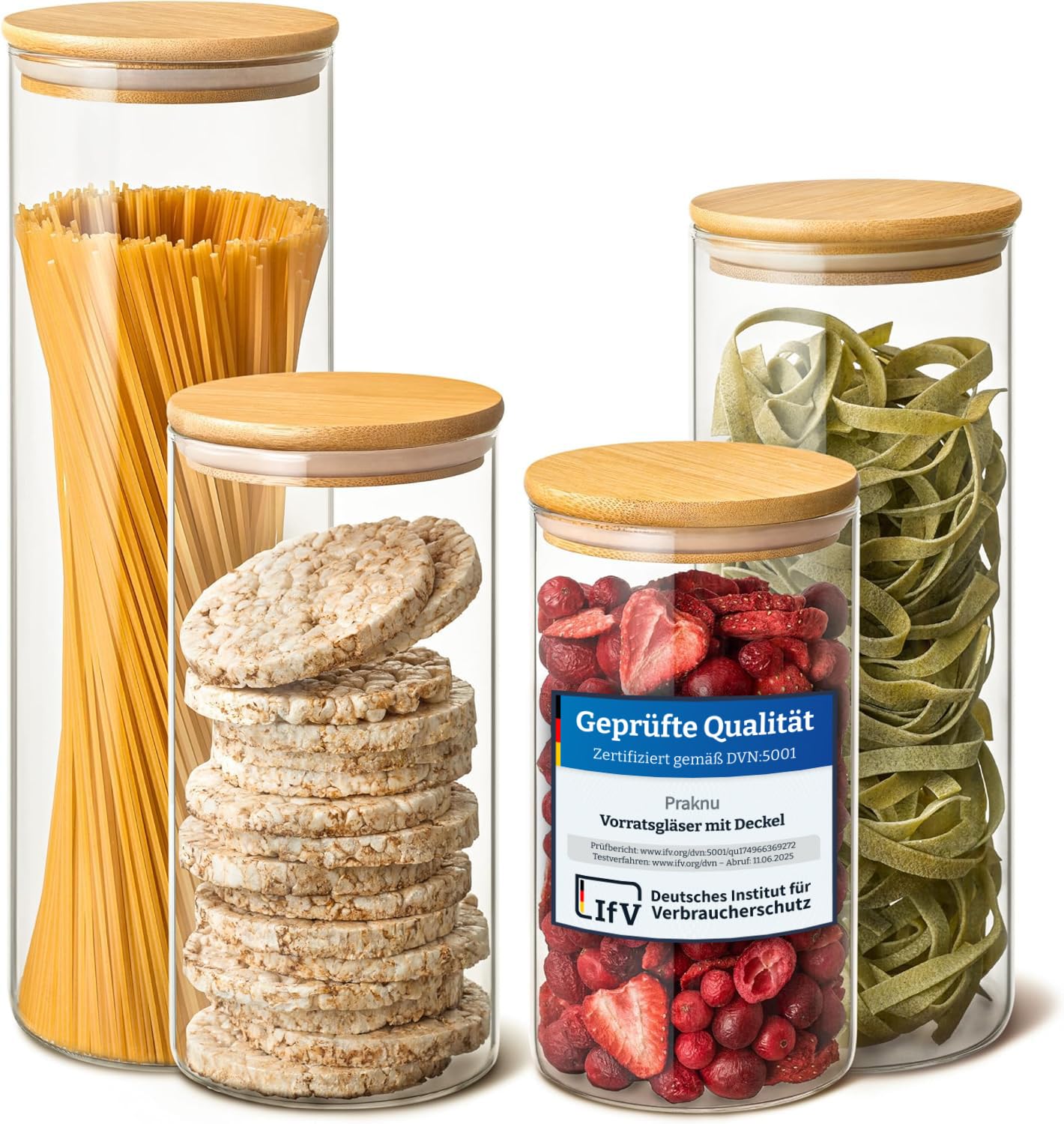 Praknu Vorratsgläser mit Deckel 4er Set - Luftdicht mit 4 Extra Dichtungen - Borosilikatglas - Spülmaschinenfest - Vorratsdosen Glas mit Bambusdeckel