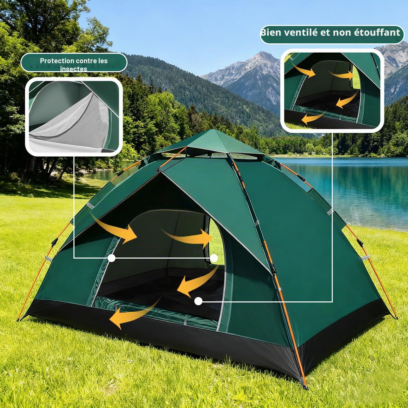 Anise Star Tente de Camping 2-3 Personnes,Tente Pop-up 4 Saisons, Dôme | Vert, 200x220x145cm, Tente de camping, Taille compacte, Trekking et extérieur, Ultra-légère, Résistante au vent