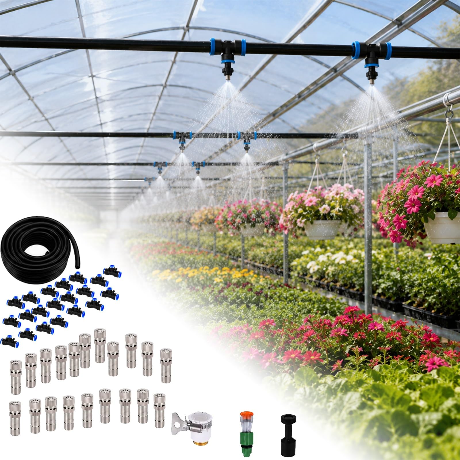 Sprinkler Irrigation Kits Flower Vegetable Growing Drip Irrigation Kits, Quick Connect Sprinkler System, Efficient Greenhouse Humidification Atomizer Watering(20m/65.6')