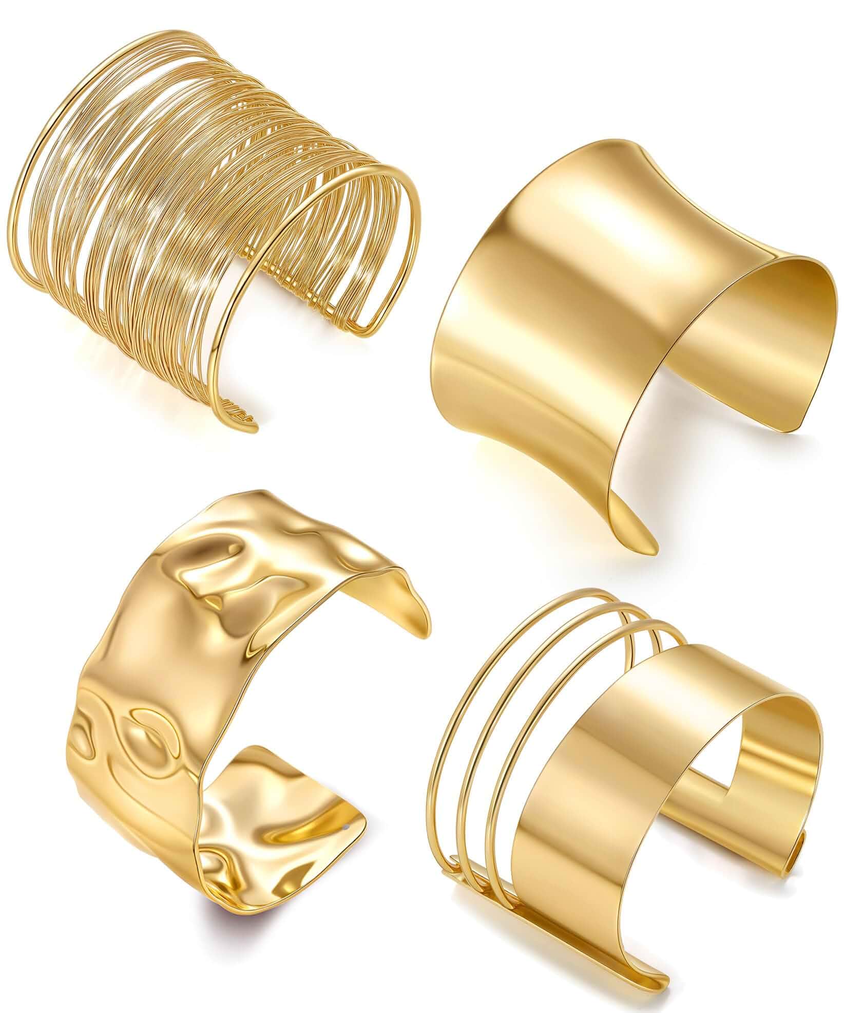 4Pcs Gold Cuff Bracelets for Women 14K Gold Plated Chunky Irregular Wide Bangle Bracelets Set Minimalist Statement Open Hollow Wire Wrist Wrap Bracelet Upper Arm Cuff Jewelry Adjustable Adult