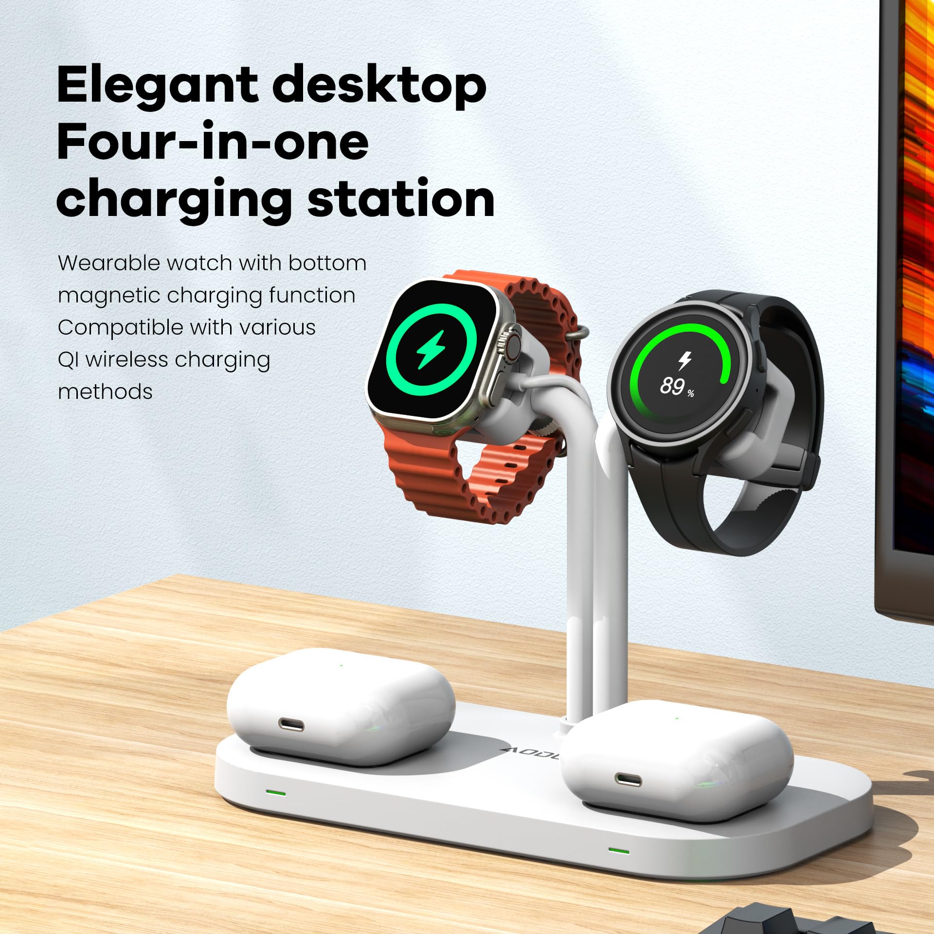 4-in-1 Dual Phone Wireless Charging Dock und Dual Watch Ladegerät Ständer für iPhone 17/16/15/14/12, für AirPods/Buds, für Samsung S25-S21 für iWatch/Galaxy/Pixel/Fitbit (422-W)