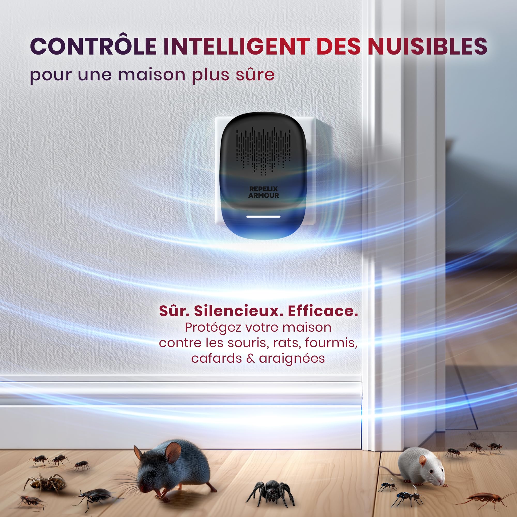 Répulsif À Ultrasons Contre Les Nuisibles pour Intérieur – Pack De 2 – Couvre 140m² par Appareil – 3 Modes – Repousse Souris, Rats, Araignées, Moustiques, Fourmis, Insectes & Mouches