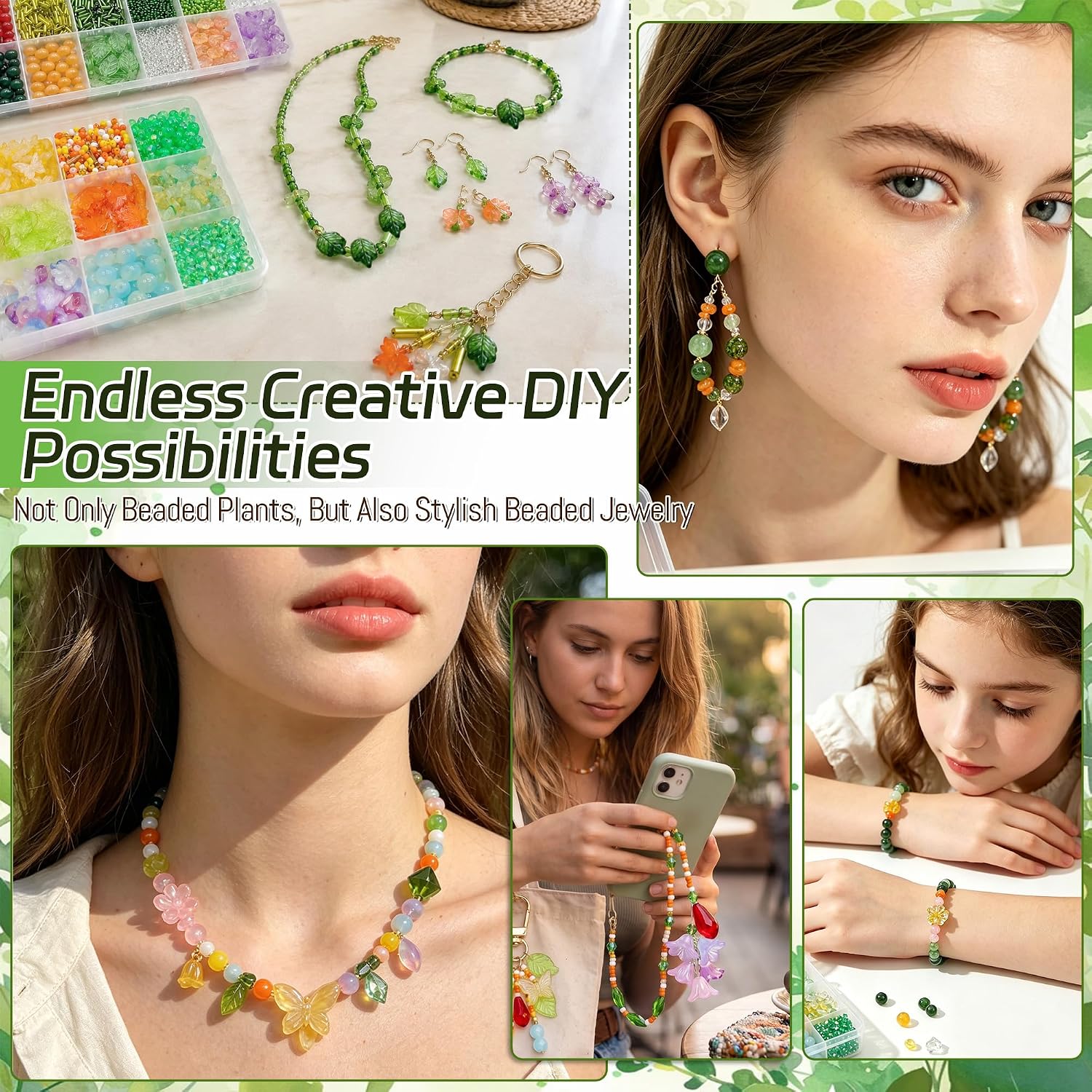 Green Glass Beaded Plant Kit, 5 Mini Pots & Magnets, DIY Decor Craft Kit