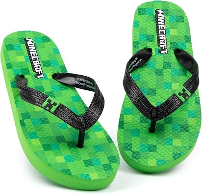 Minecraft Creeper Kids Sandals Kids | Green Flip Flop Sliders | Block Pixel Game Villain Summer Shoes | Slip-on Footwear