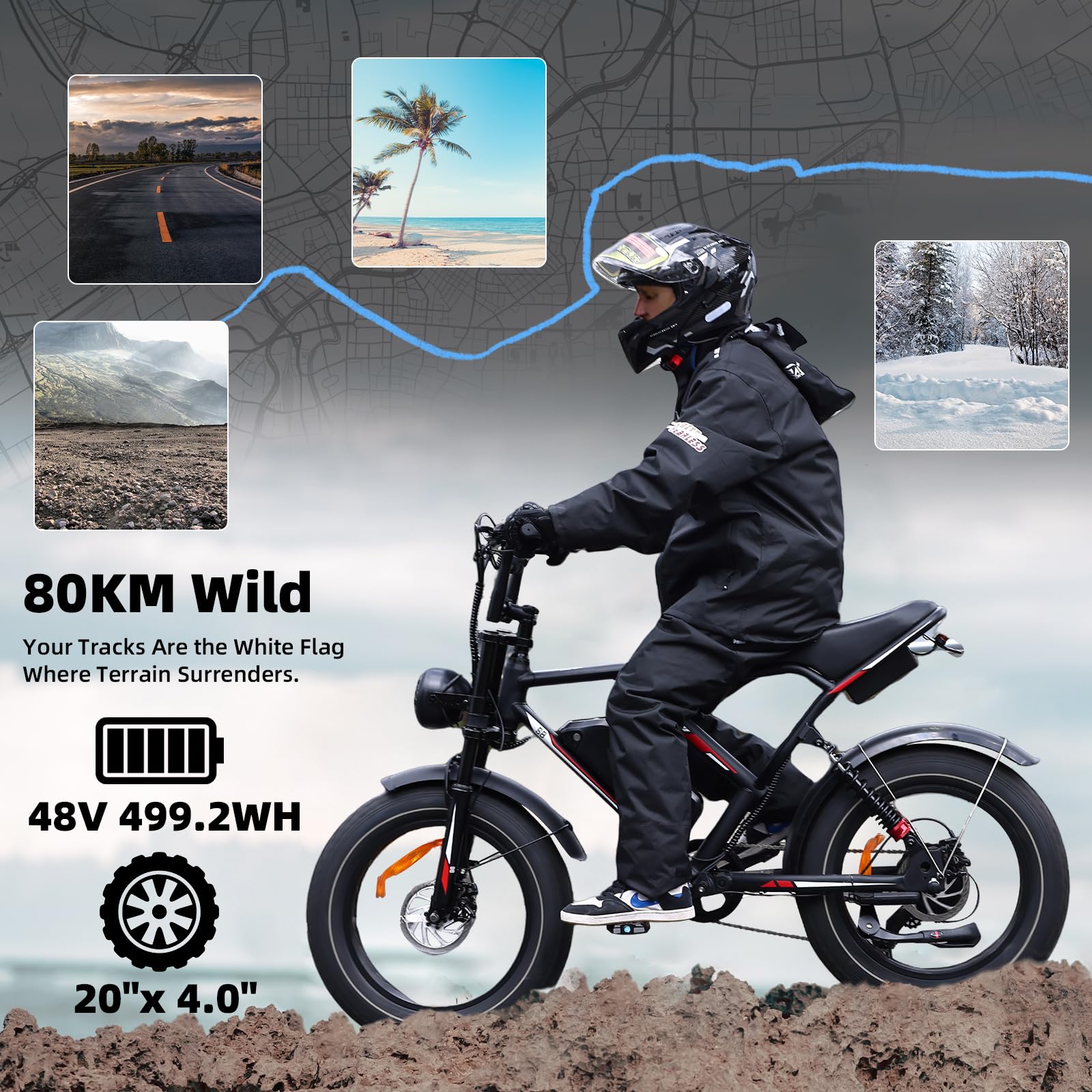 Bici Elettrica per Adulti, Autonomia Massima di 50-80Km, Bici Elettrica con Pneumatici Fat da 20", Batteria Rimovibile da 48V-17.5/20Ah per Montagna, Neve, Sabbia e Strada.