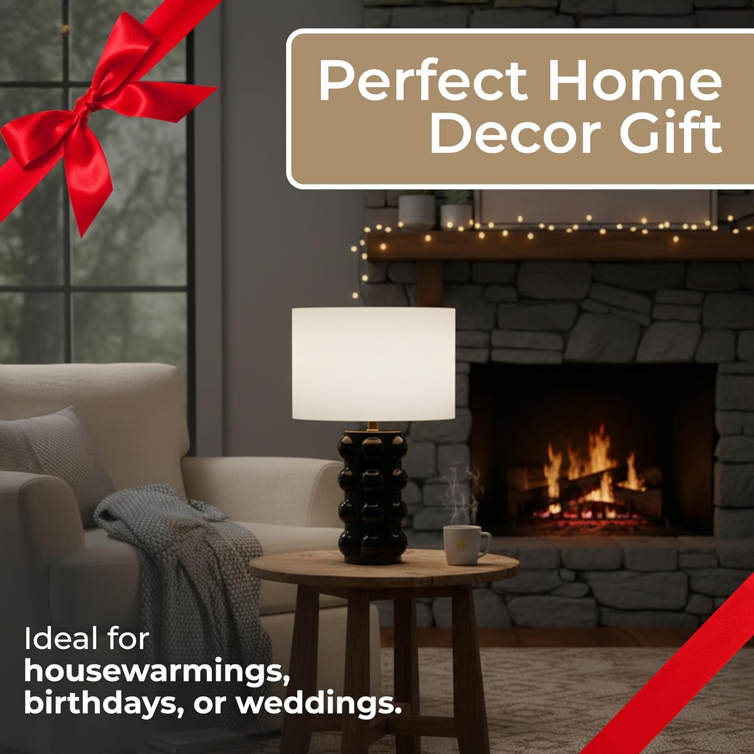 Ceramic Accent Table Lamp with Bubble Base Design – Stoneware Decorative Lamp with White Fabric Shade – Modern Contemporary Home Decor for Any Room – 14"x22", Black