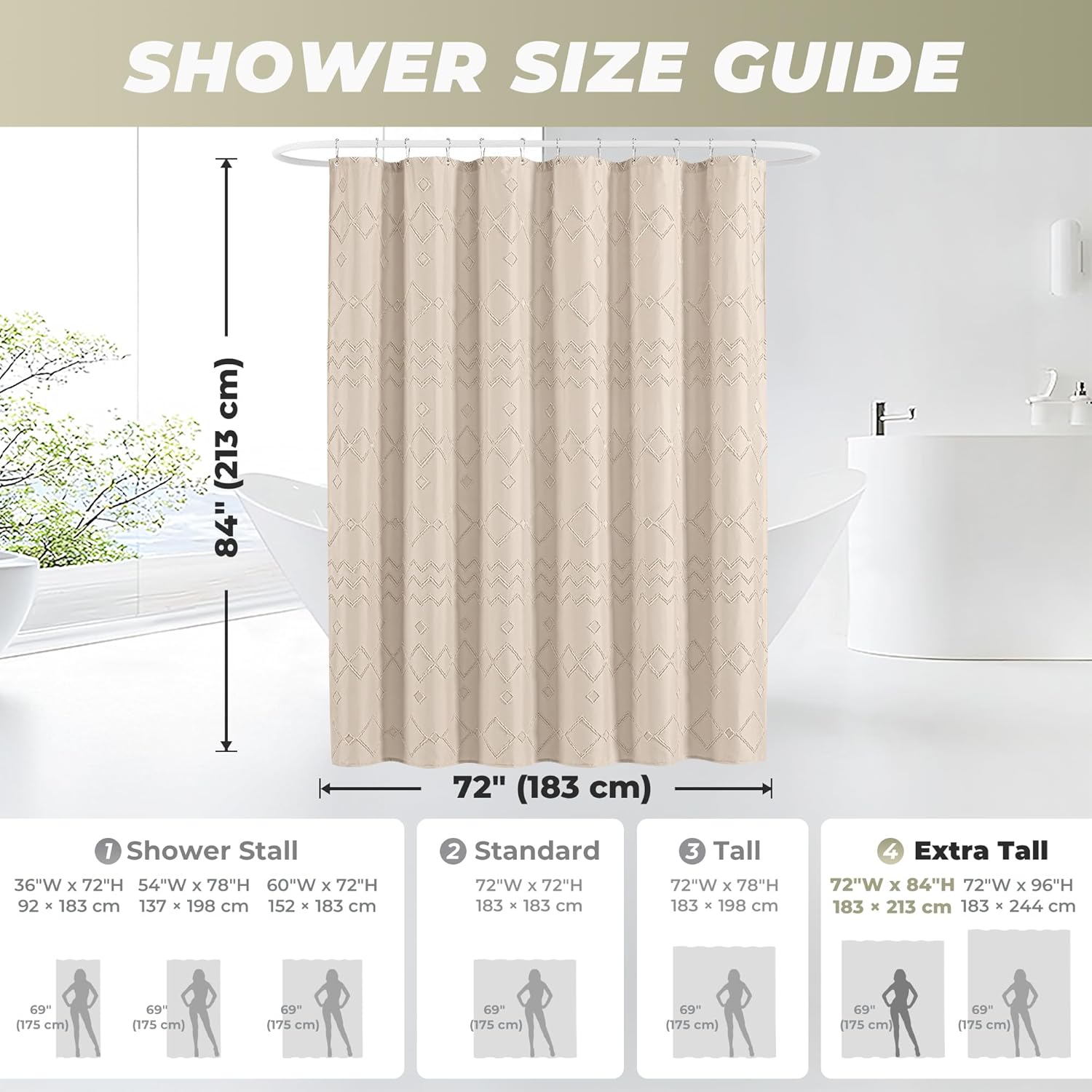Seasonwood Beige Shower Curtain 84 inch Long, Boho Woven Tufted Geometric Fabric Shower Curtain for Bathroom Modern Shabby Chic Textured Waterproof Farmhouse Cloth Shower Curtains, 72 x 84 Inches