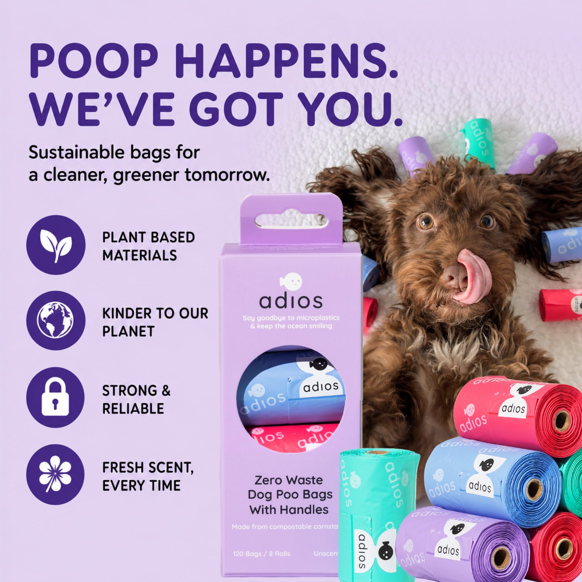 Adios Plastic - Bolsas compostables para excrementos de perro con asas, 360 unidades (24 rollos) - Colores arcoíris - Bolsas extra gruesas, a prueba de fugas, a prueba de olores - Hechas de almidón de