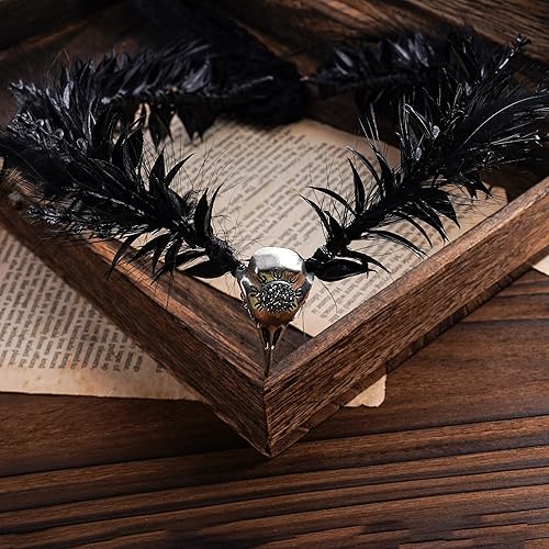 Miniatura 4 de MOSTORY Corona de plumas negras hecha a mano, tocado de bruja gótica, duende cuervo, calavera, hada, círculo, tiara de flores para hechicero, Ren