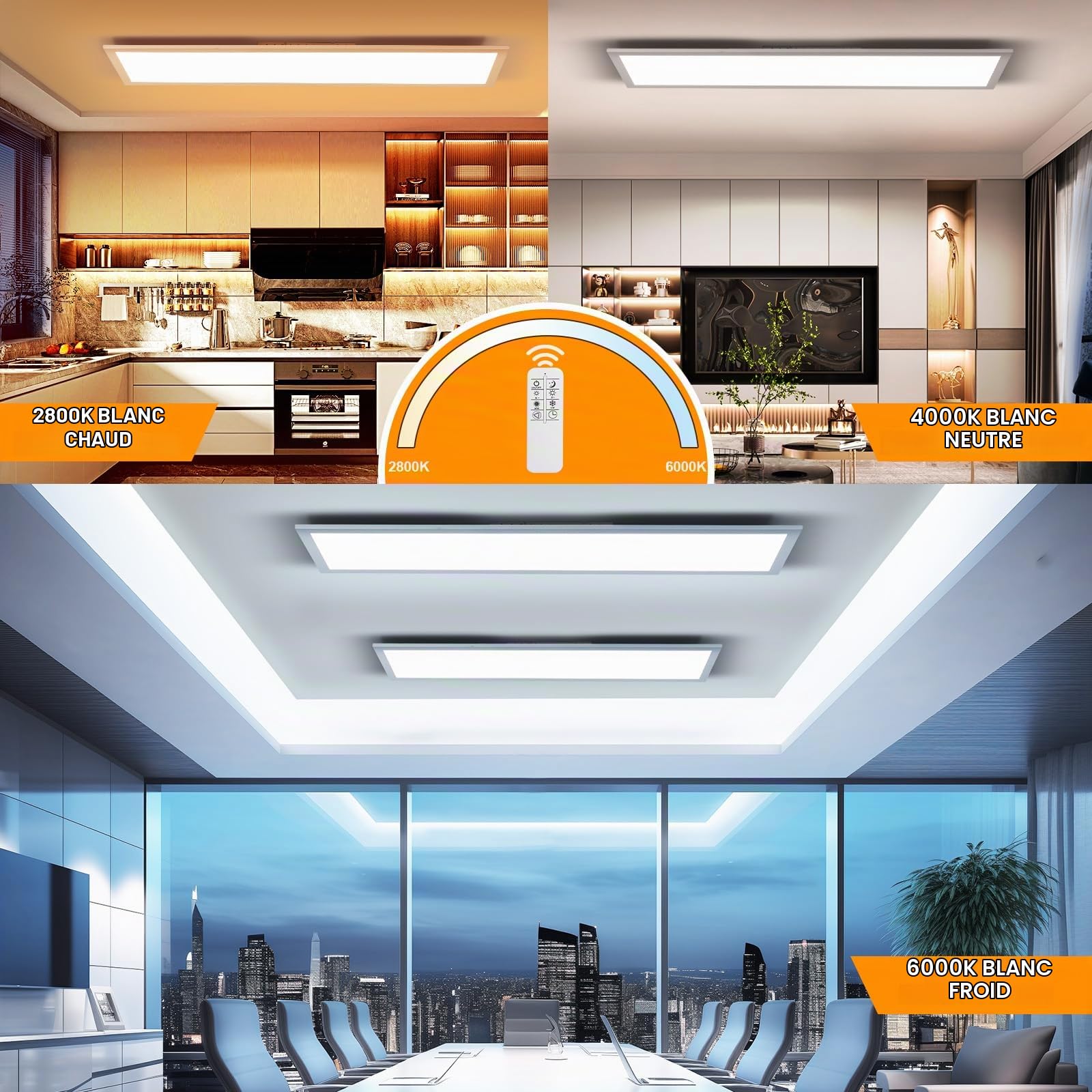 OTREN Panneau LED Ultra Plat 120x30cm, 40W Plafoniera LED Soffitto Dimmable avec Télécommande Luminaire Plafonnier Rectangulaire pour Bureau Salon Chambre Cuisine, 2800K-6000K