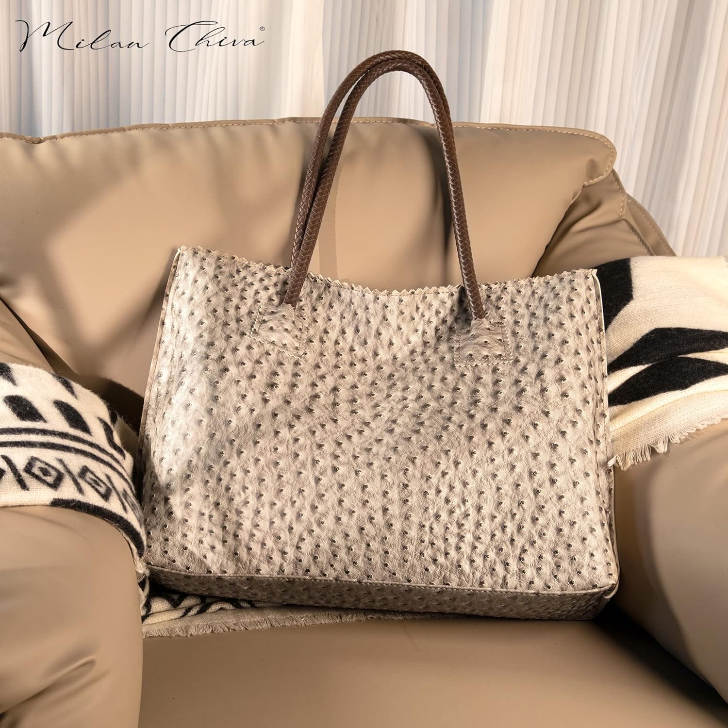 Milan Chiva Tote Bag for Women with Zipper Large Ostrich Vegan Leather Shoulder Purses and Handbags - Image 2