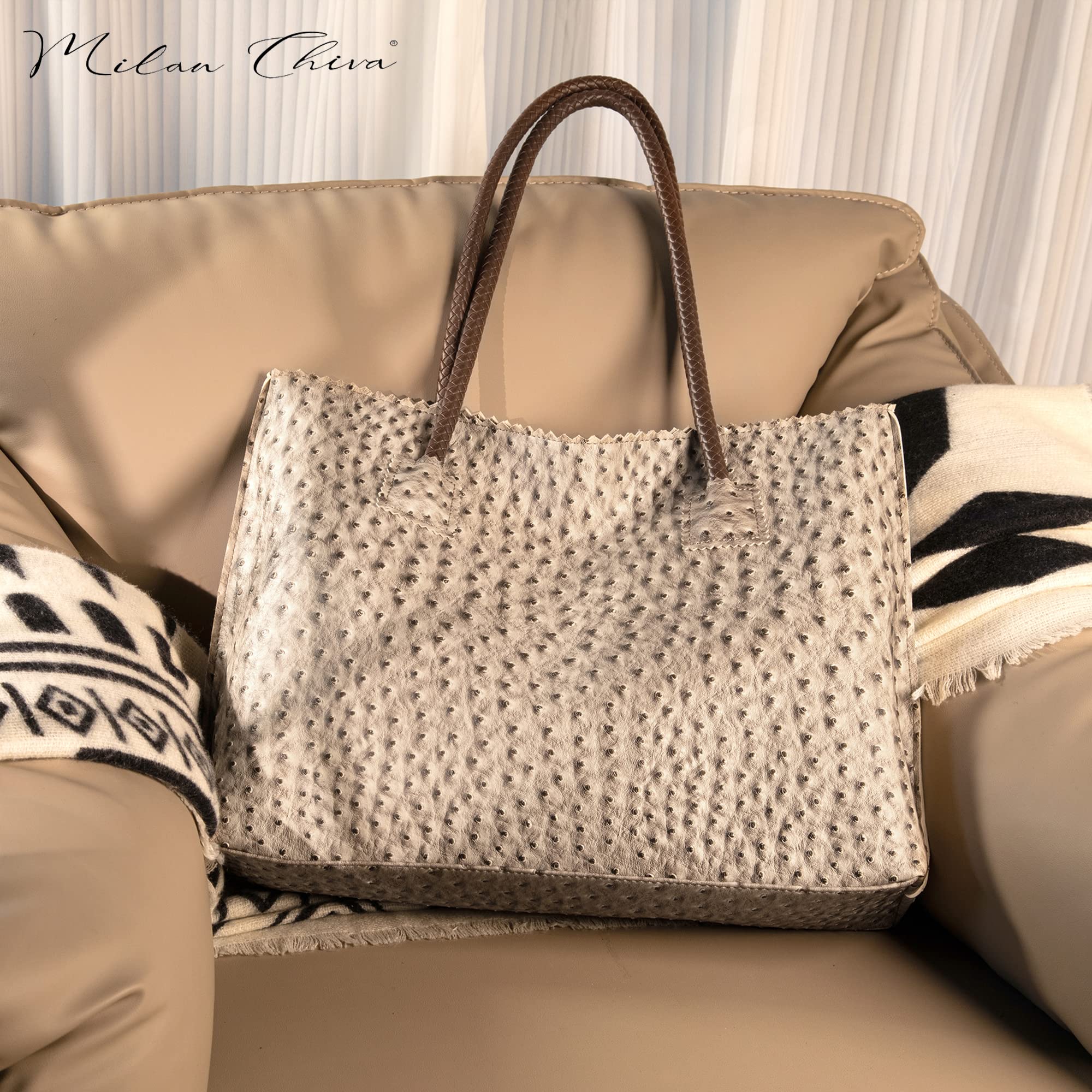 Milan Chiva Leather Tote Bag for Women with Zipper Large Ostrich Hobo Purse Shoulder Purses and Handbags Light Gray Gift MC-1038LGY