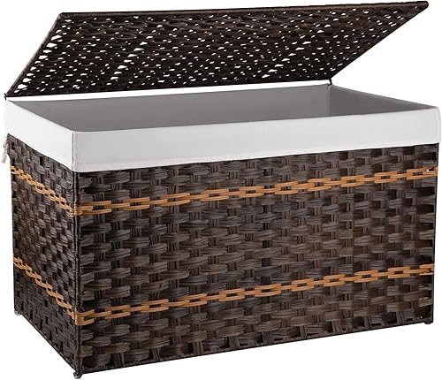 Vista 9 de OIAHOMY Cesta de almacenamiento con tapa, cesta de mantas de 42.3 galones (160L) con forro extraíble, cesta de mimbre sintético con asa, plegable